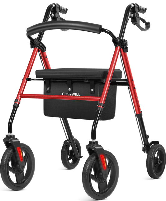 COSYWILL Rollator Walker with Seat,Foldable Walkers for Seniors,Mobility Walkers with 10'' Big Wheels,Adjustable Handles and Seat Height, Red
