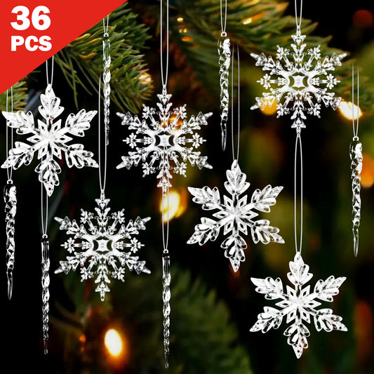 Yexmas 36 Pcs Christmas Tree Crystal Ornaments, Hanging Acrylic Navidad Snowflake Icicle Pendant Crystal Decorations for Holiday Decor, New Year Party
