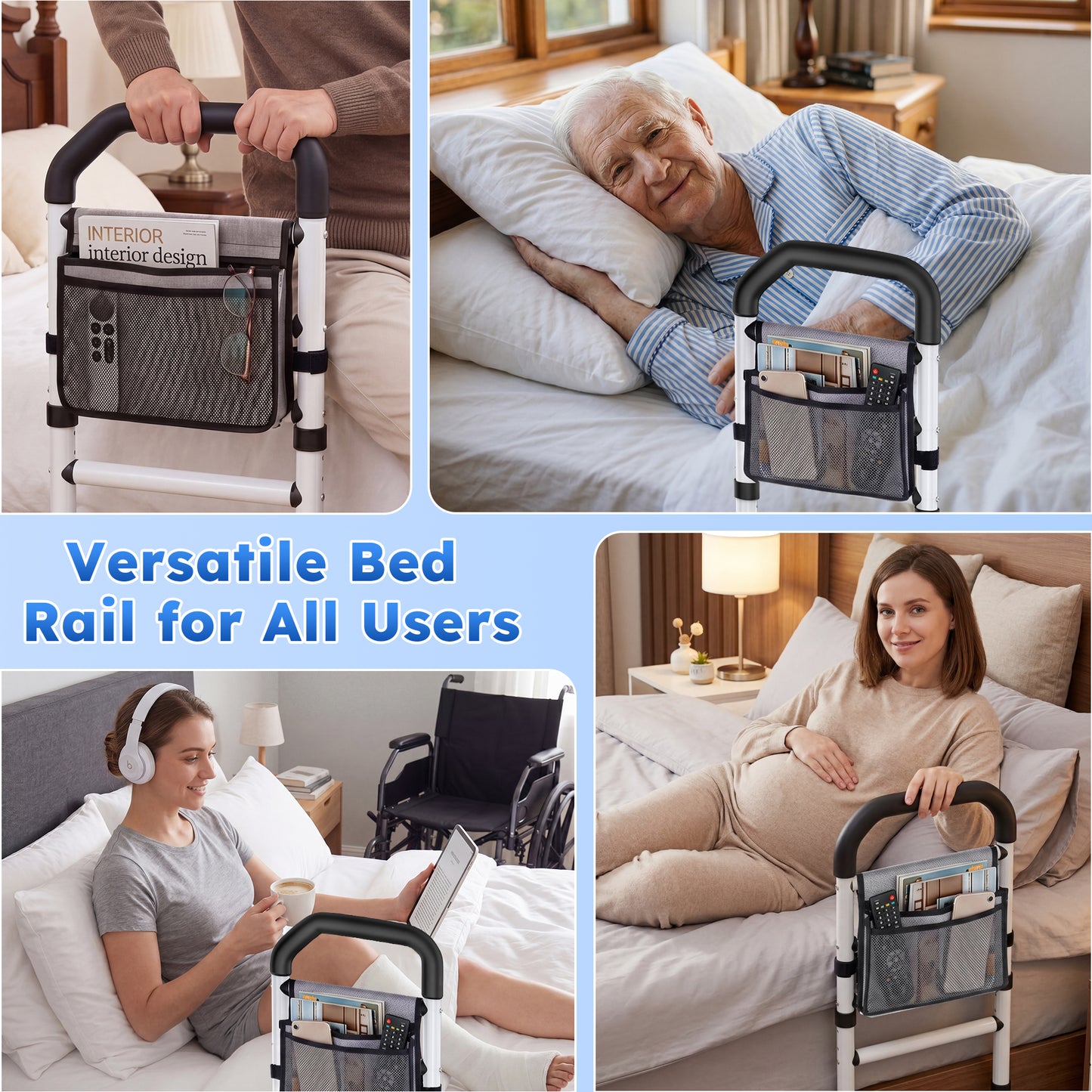 COSYWILL Bed Rails for Adults, Adjustable Bed Assist Rail with Storage Pocket and Safety Strap, Non-Slip Bedside Support Rail Supports up to 330 lbs
