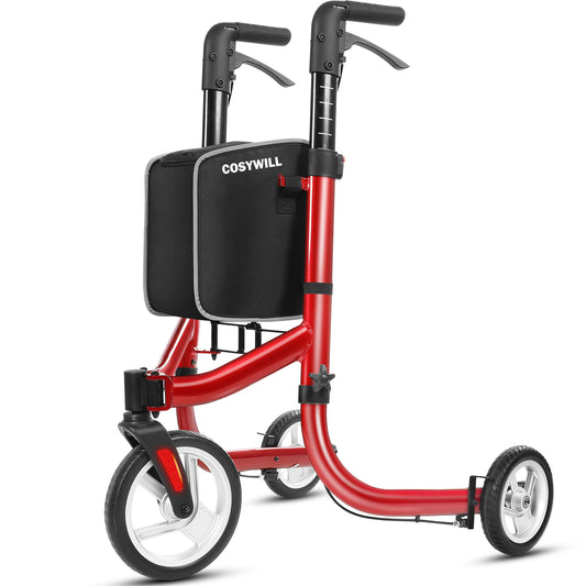 COSYWILL 3 Wheel Rollator Walkers for Seniors,Ultra Lightweight Foldable Walker for Elderly with Storage Bag, 10" Three Wheel Modern Mobility Walking Aid Aluminum,Red