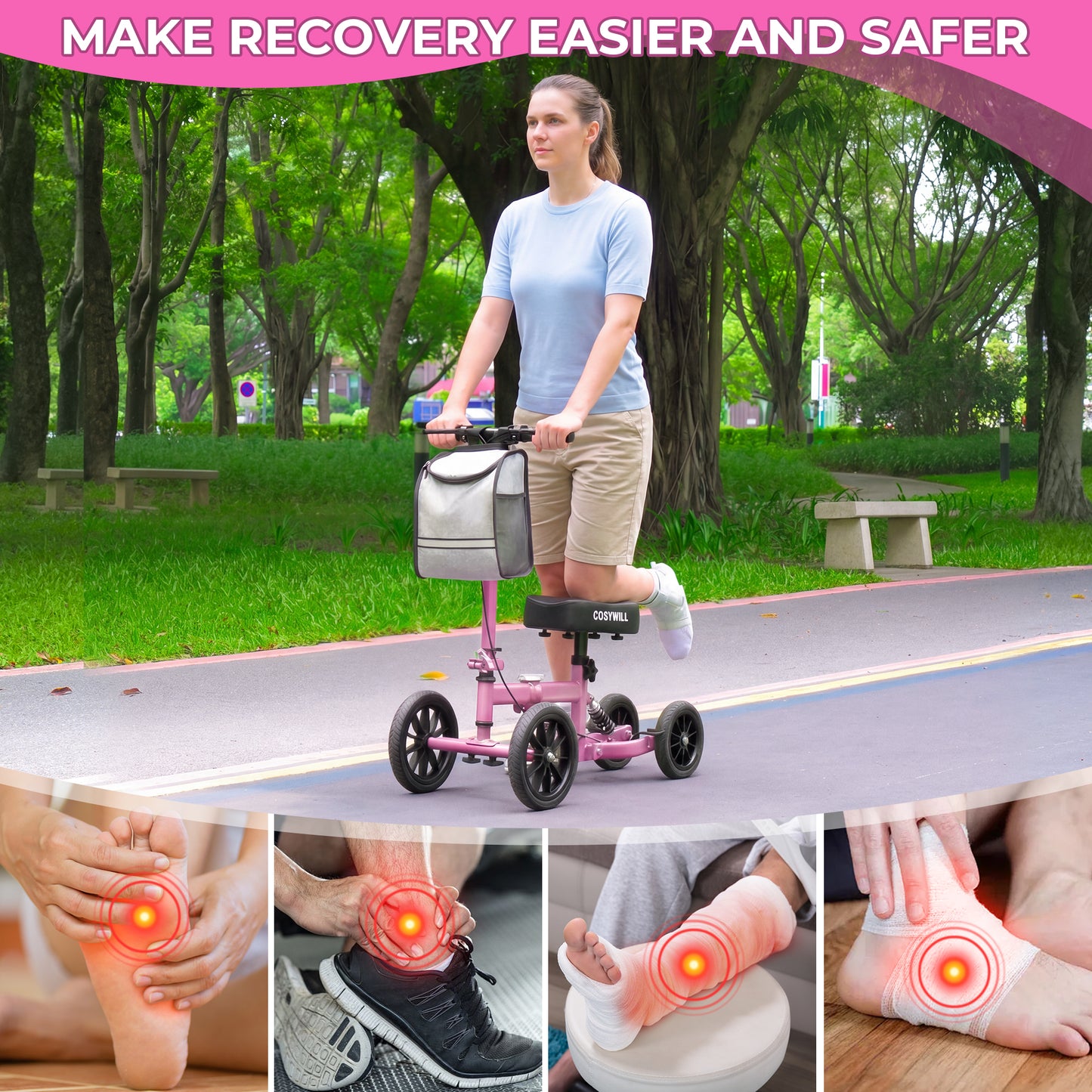 COSYWILL All Terrain Knee Scooter,Knee Walker Scooter for Foot Injuries,Adults Roller Scooter for with 10“ TPU Wheel,Compact Crutches Alternative,Pink