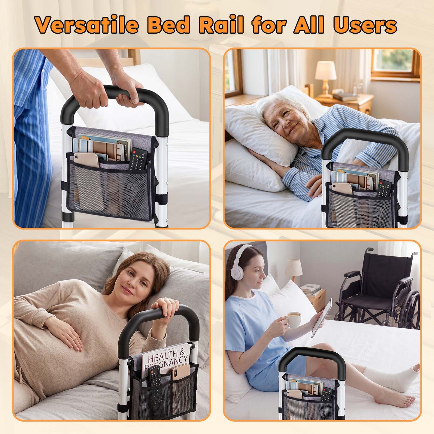 COSYWILL Adjustable Bed Rails for Adults, 330LB Bed Cane, Bed Assist Rails with Non-Slip Handle, Storage Pockets and Tool-Free Assembly