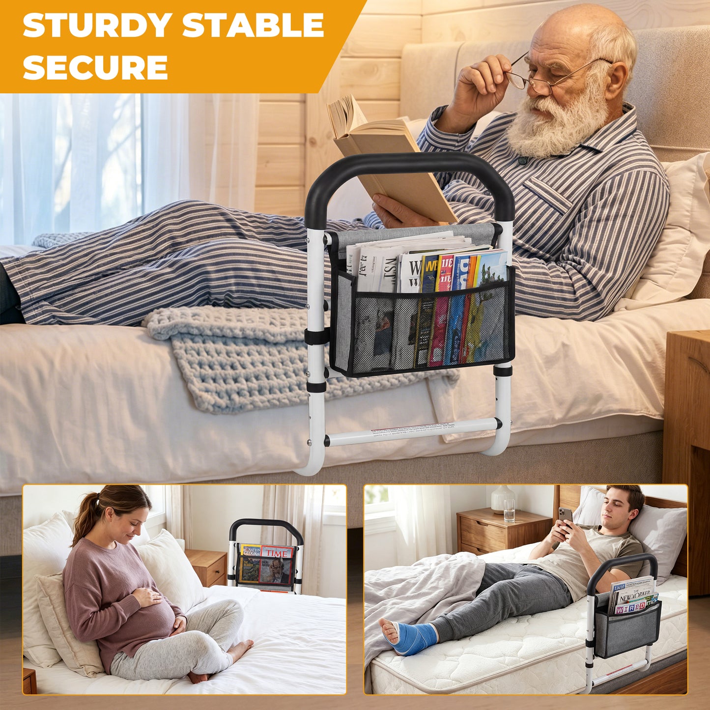 COSYWILL Bed Rails for Adults, Adjustable Bed Cane for Seniors, Bed Assist Rail with Non-Slip Handle & Storage Pocket Supports up to 330 lbs