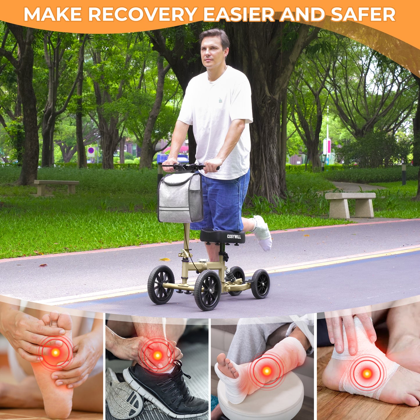 COSYWILL All Terrain Knee Scooter,Knee Walker Scooter for Foot Injuries,Adults Roller Scooter for with 10“ TPU Wheel,Compact Crutches Alternative,Champagne Gold