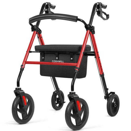 COSYWILL Rollator Walker with Seat,Foldable Walkers for Seniors,Mobility Walkers with 10'' Big Wheels,Adjustable Handles and Seat Height, Red