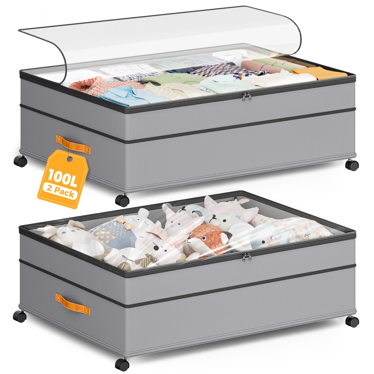 YOUPINS XXXL 100L Under Bed Storage with Wheels,2 Pack Under Bed Storage Containers,Storage Bins with Lids for Clothes Shoes Blankets,Gray