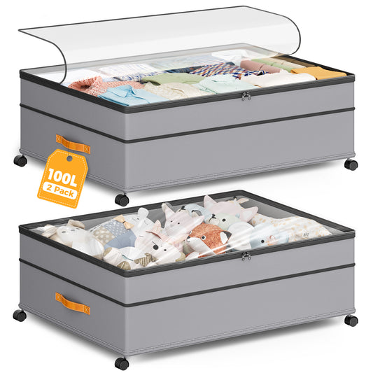 YOUPINS XXXL 100L Under Bed Storage with Wheels,2 Pack Under Bed Storage Containers,Storage Bins with Lids for Clothes Shoes Blankets,Gray