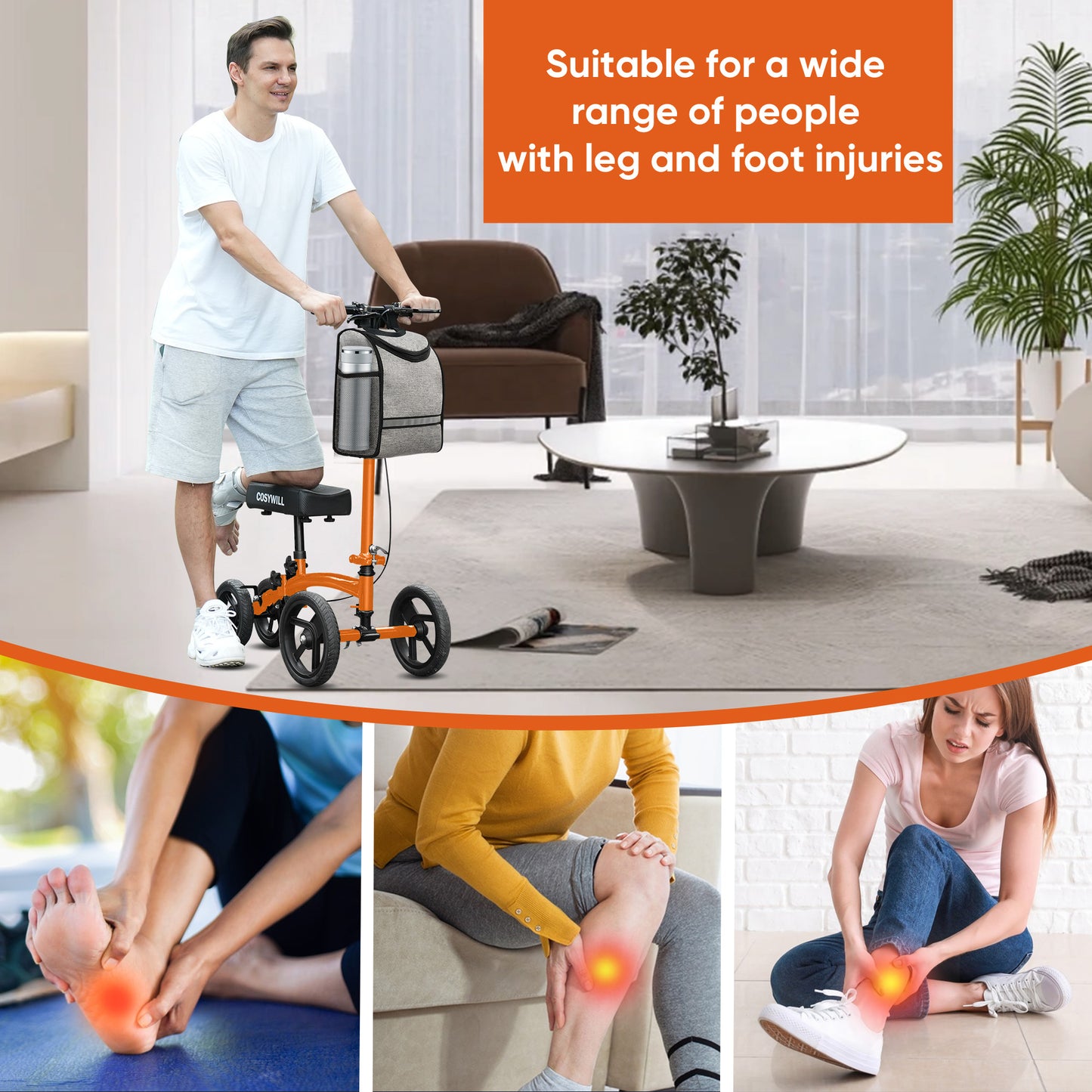 COSYWILL Steerable Knee Scooter,Economy Knee Walker,All Terrain Foldable Medical Scooter for Foot Injuries Crutches Alternative,Orange