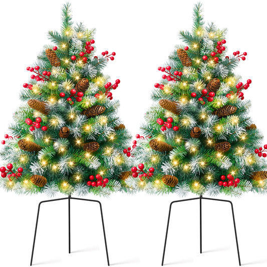 Yexmas 2PCS Small Outdoor Christmas Trees with LED Lights,30" Artificial Xmas Decora for Porch,Yard,Pathway,Garden,Mixed Green PVC