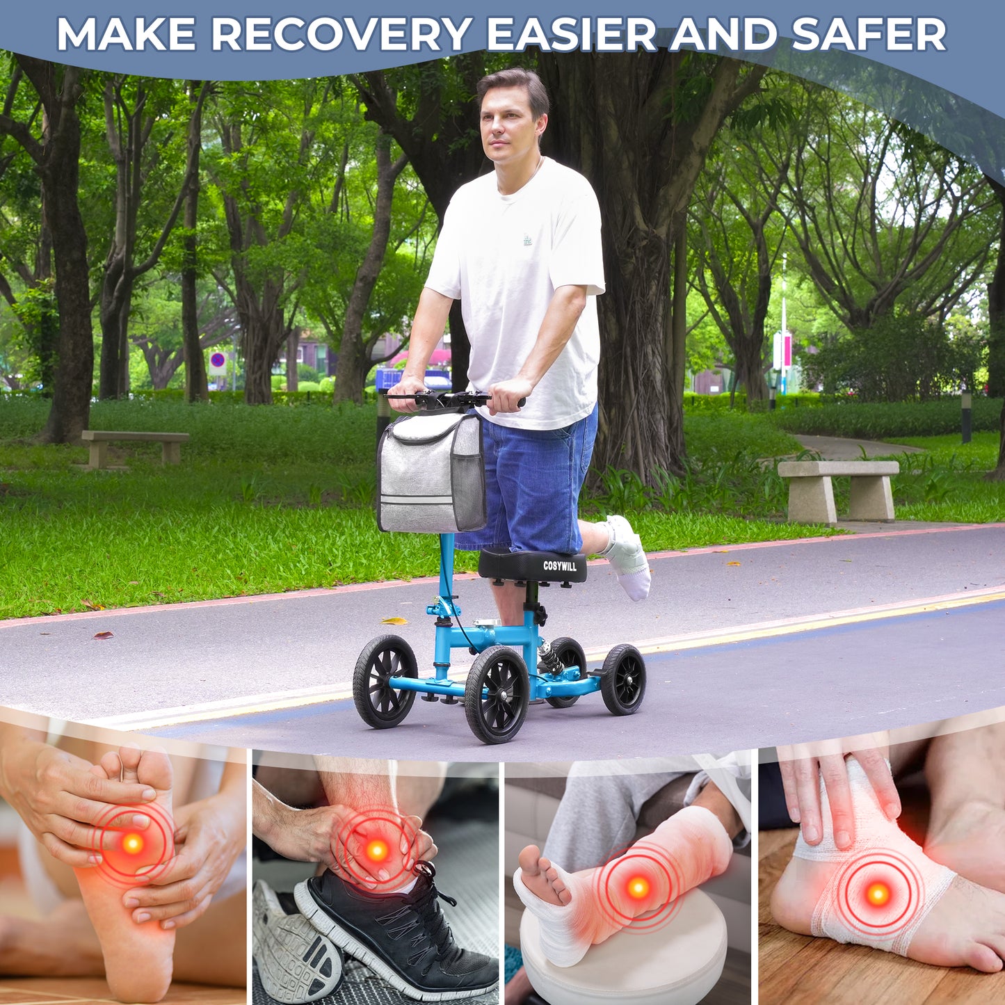 COSYWILL All Terrain Knee Scooter,Knee Walker Scooter for Foot Injuries,Adults Roller Scooter for with 10“ TPU Wheel,Compact Crutches Alternative,Light Blue