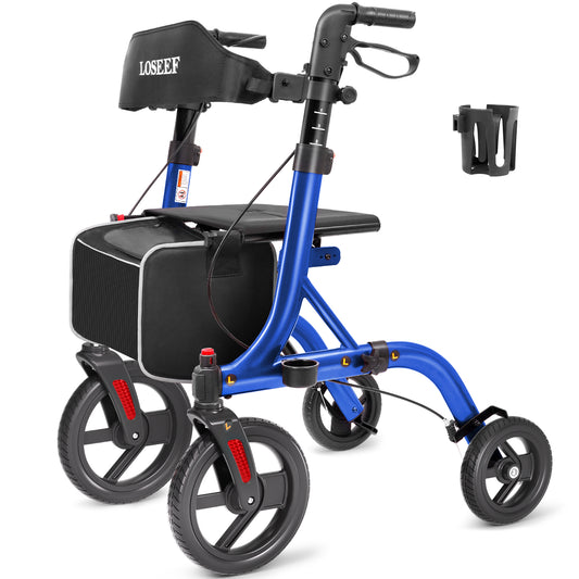 COSYWILL Walker with Seat,Foldable Rollator Walker,10" Wheels,Height Adjustable,Removable Back Support, 300 lbs,Dark Blue