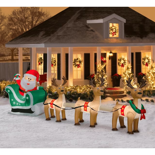 IZNEN 12ft Christmas Inflatable Santa Claus On Sleigh With 3 Reindeer Outdoor Lights Decor for Holiday Decor,Xmas Party,Yard,Garden and Lawn