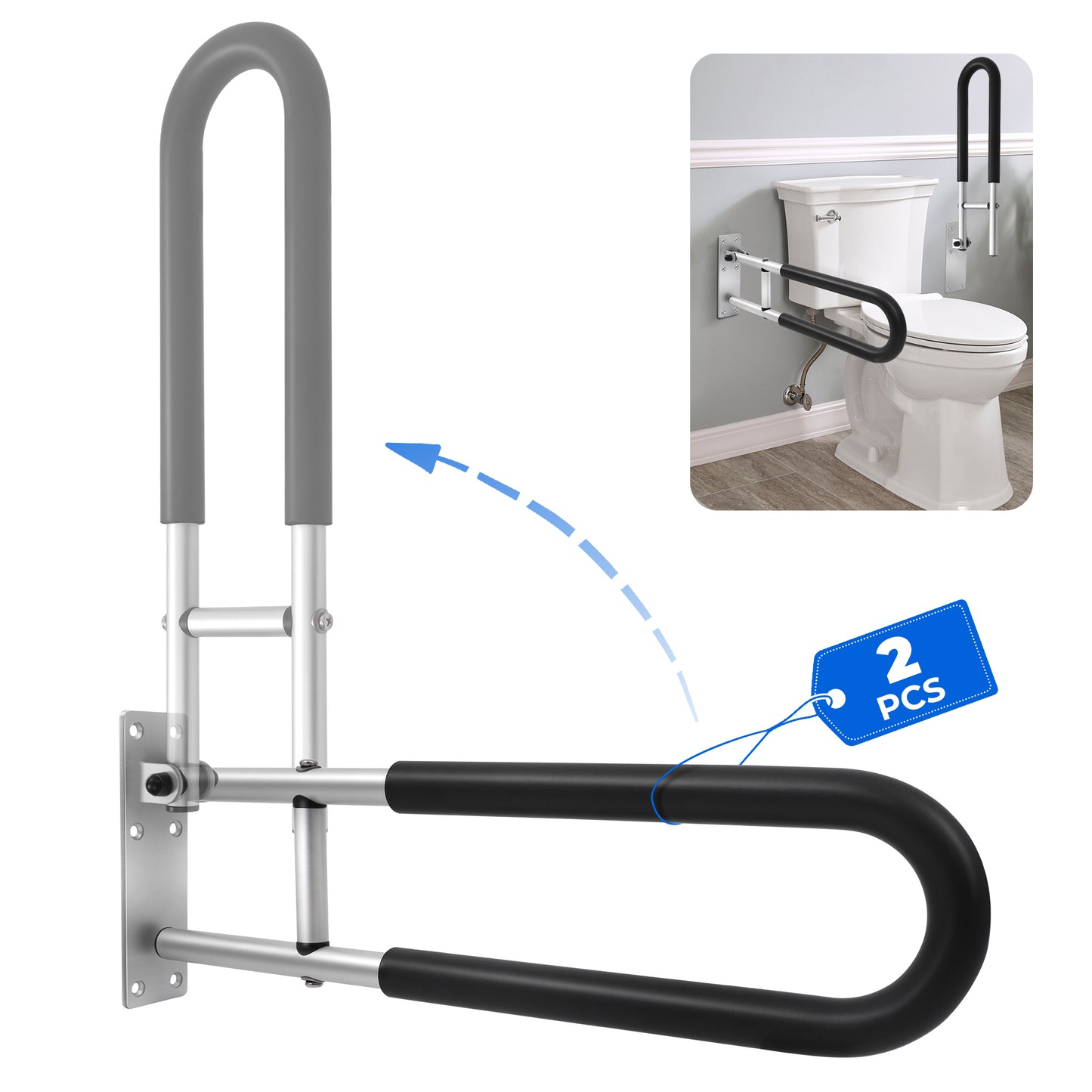 COSYWILL 2PCS Toilet Grab Bar,23.8 in Folding Bathroom Handrail with Padded,Safety Grab Rail for Disabled Elderly Pregnant