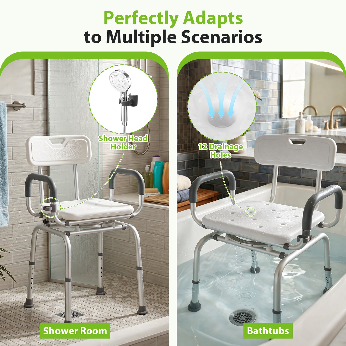 COSYWILL 360° Swivel Shower Chair,Adjustable Shower Stool for Inside Shower with Back and Arms,Heavy Duty Shower Bench for Elderly Disabled Adults,White