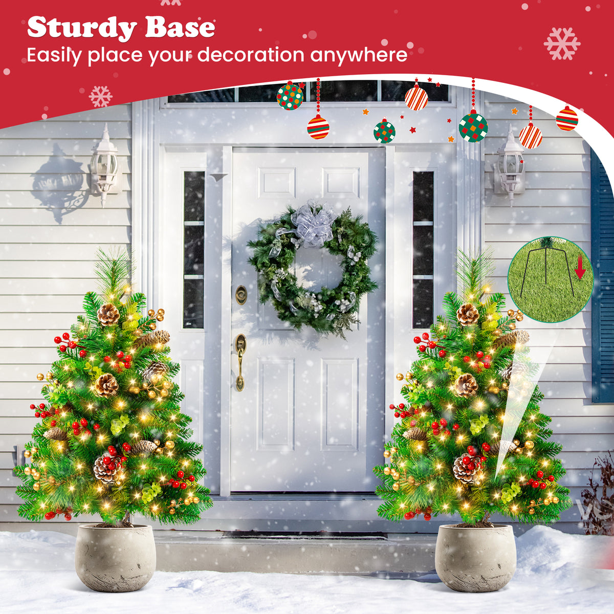 Yexmas 2PCS Small Outdoor Christmas Trees with LED Lights,30" Artificial Xmas Decora for Porch,Yard,Pathway,Garden,PVC+Pine Needles