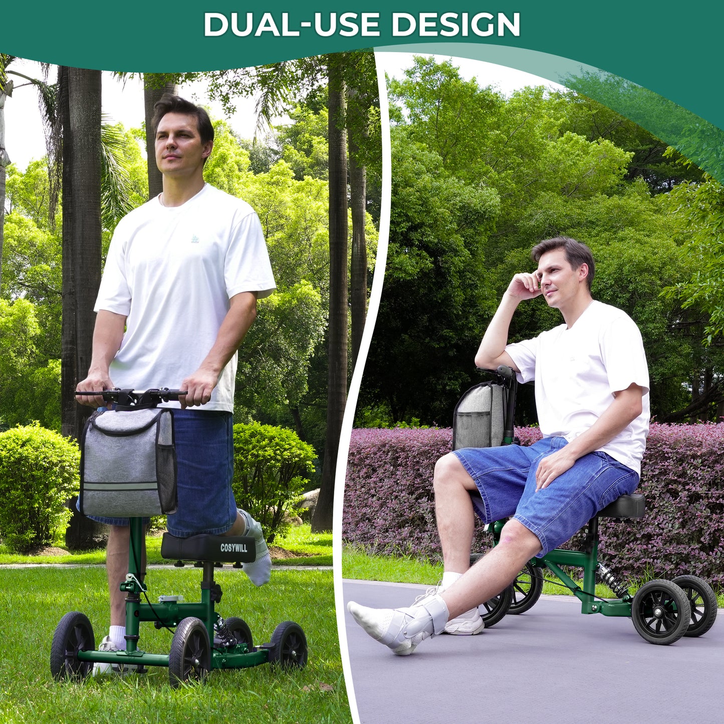 COSYWILL All Terrain Knee Scooter,Knee Walker Scooter for Foot Injuries,Adults Roller Scooter for with 10“ TPU Wheel,Compact Crutches Alternative,Green