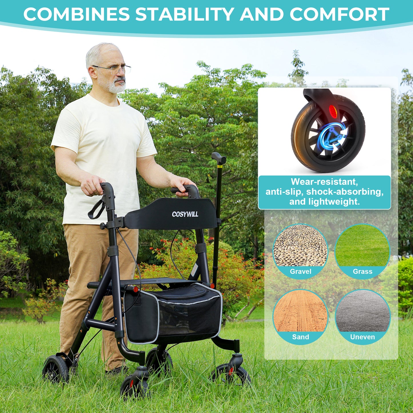 COSYWILL Aluminum Rollator Walker with Seat,Height Adjustable Mobility Walker with 8" Wheels,350 lb Weight Capacity,Black