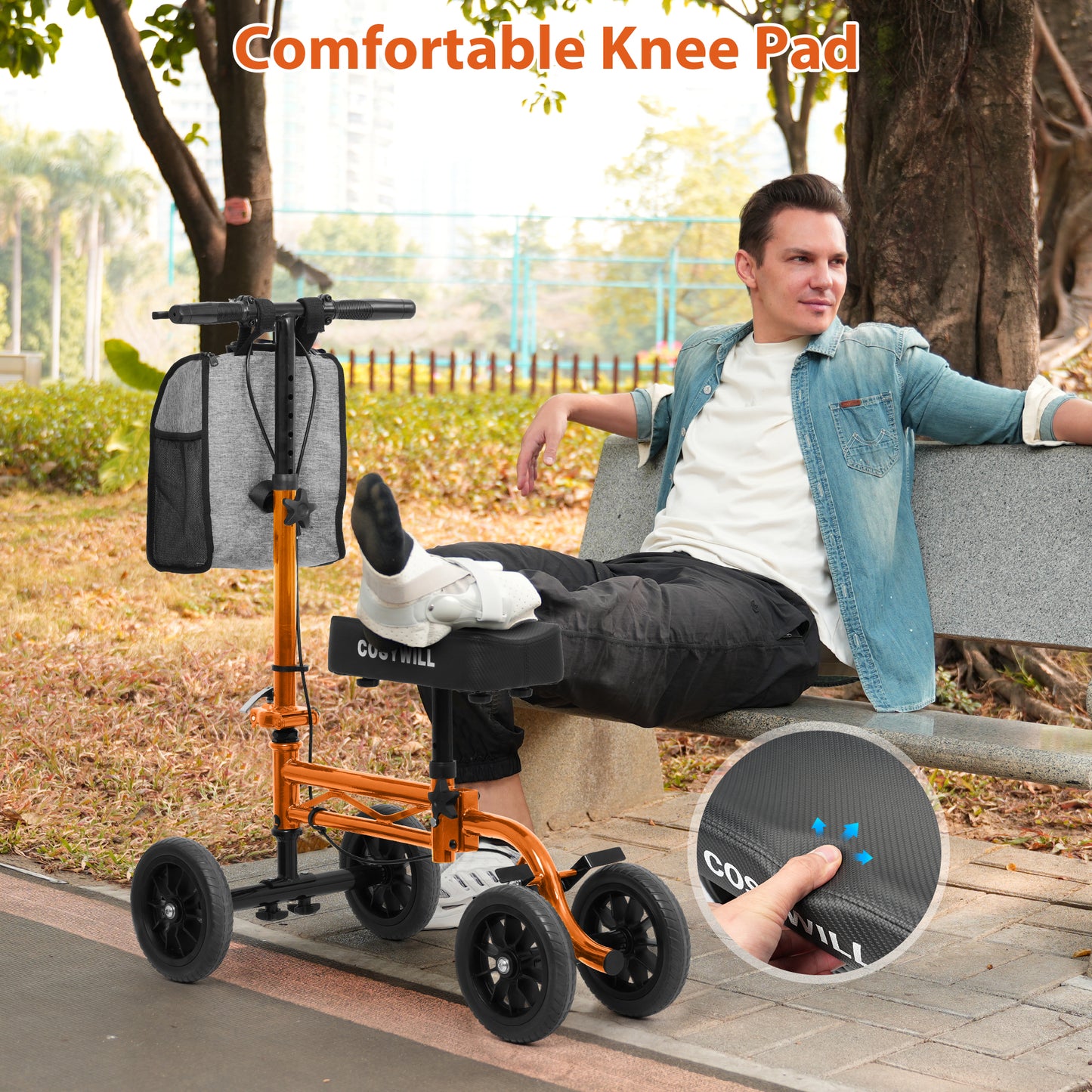 COSYWILL Knee Scooter,Economy Knee Walker with Dual Braking System,Foldable Scooter for Foot Injuries,Compact Crutches Alternative,Orange