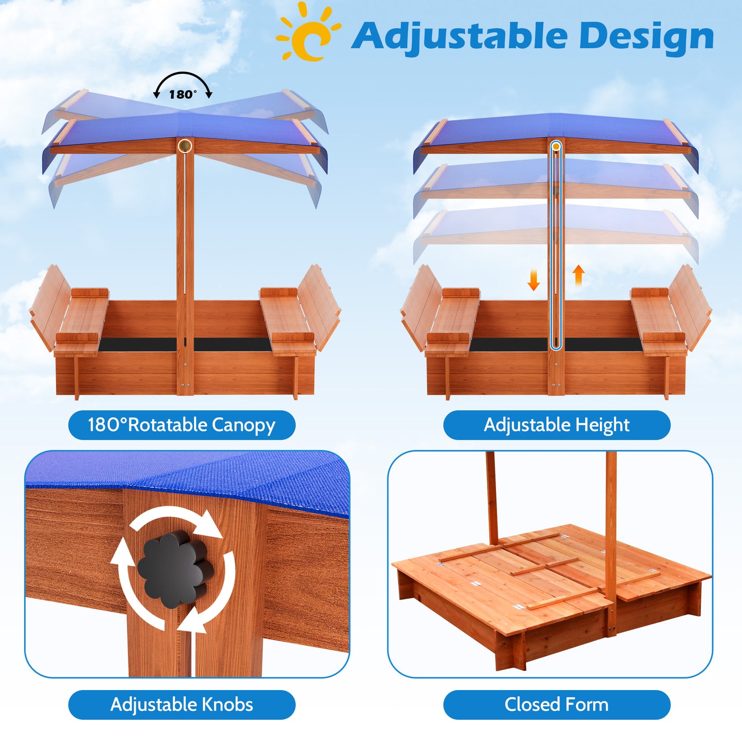 YOUPINS 48" Wooden Sandbox with Lid, Outdoor Large Kids Sandbox with Seat,for Yard Lawn Garden