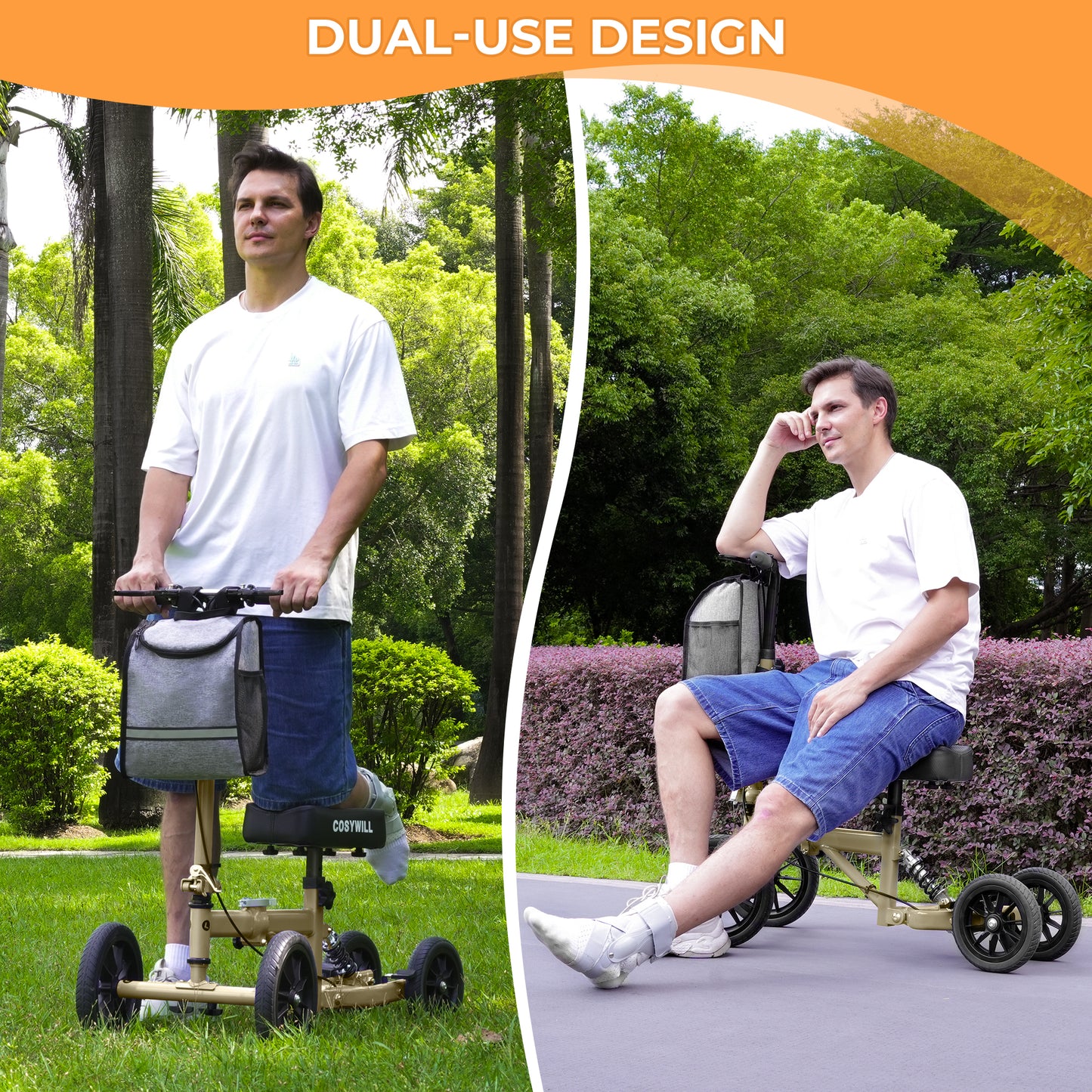 COSYWILL All Terrain Knee Scooter,Knee Walker Scooter for Foot Injuries,Adults Roller Scooter for with 10“ TPU Wheel,Compact Crutches Alternative,Champagne Gold