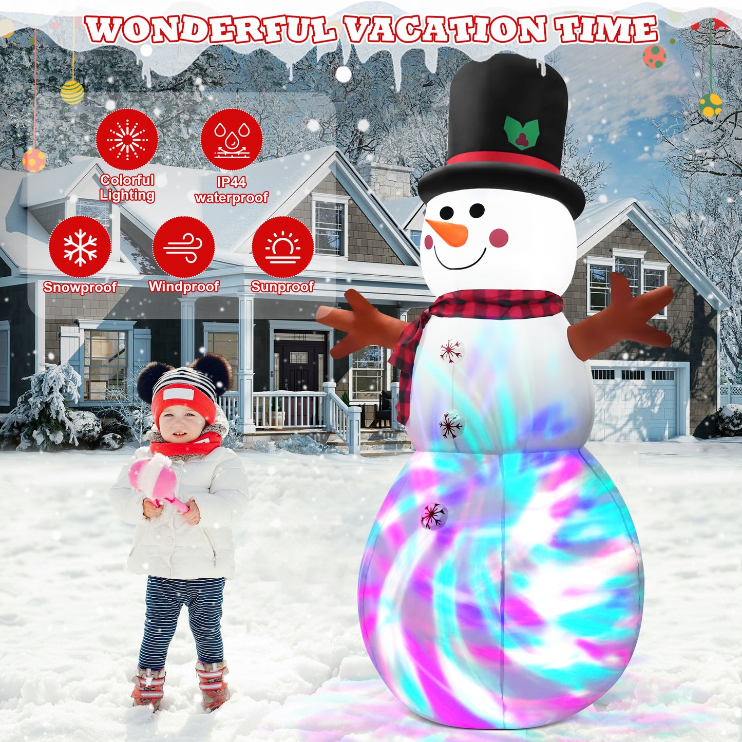 IZNEN 6FT Christmas Inflatable Outdoor Decoration Snowman, Built-in Rotating Disco Light,Blow Up Snow Man Wear Magic Hat Yard Decor for Xmas Holiday Lawn Yard Garden
