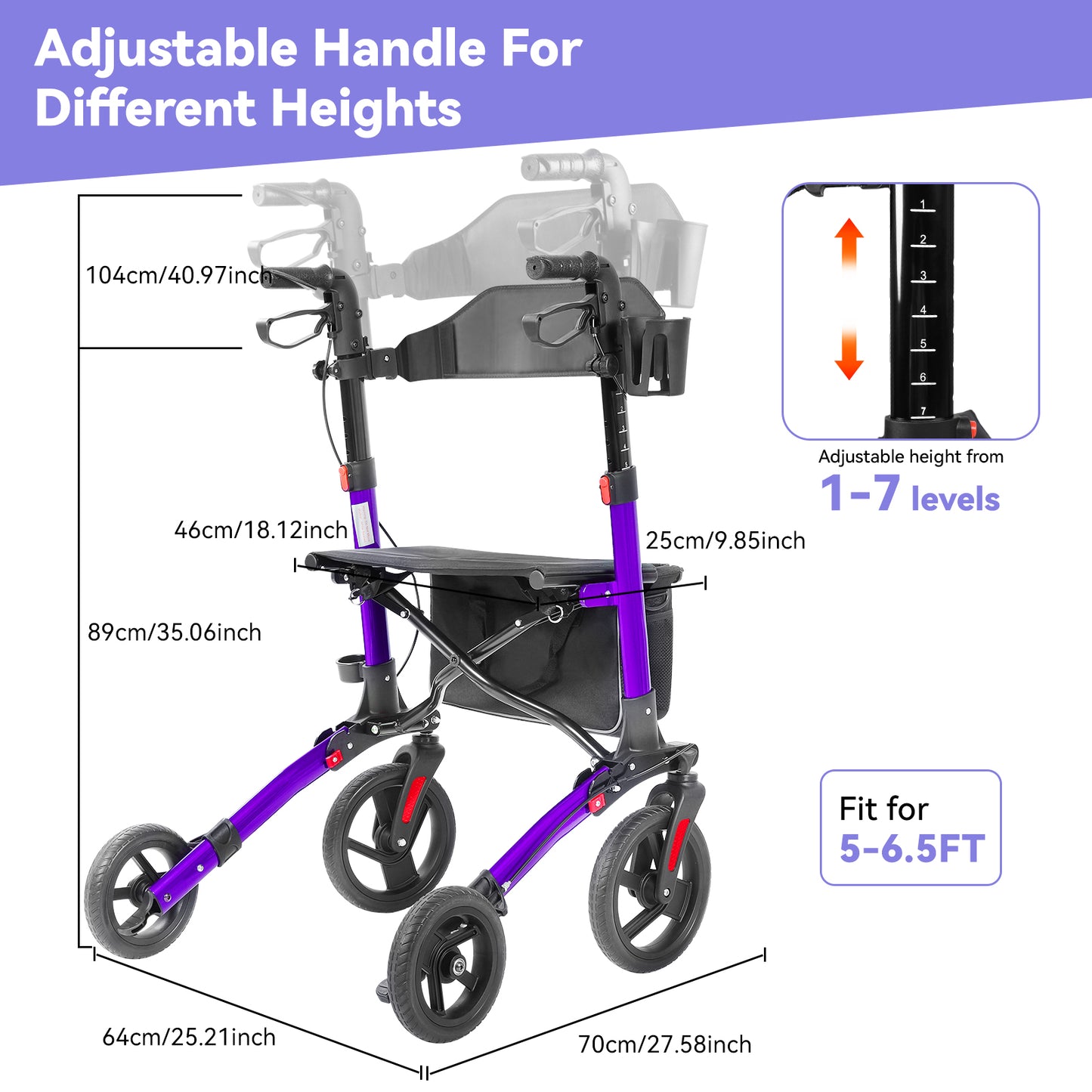 COSYWILL Walkers for Seniors,Foldable Rollator Walker with Seat,Mobility Walkers with 10" Big Wheels, Adjustable Handles and Backrest Height,Purple