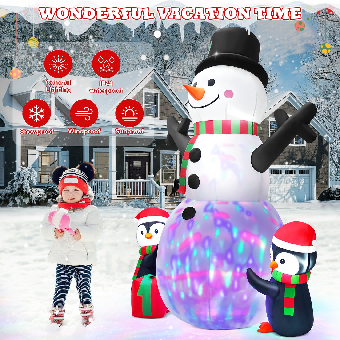 Yexmas 6FT Christmas Snowman Inflatables,Outdoor Snowman Decor with Penguins & Gift Boxes,Xmas Blow Up Yard Inflatables for Party Indoor Garden Lawn Decor