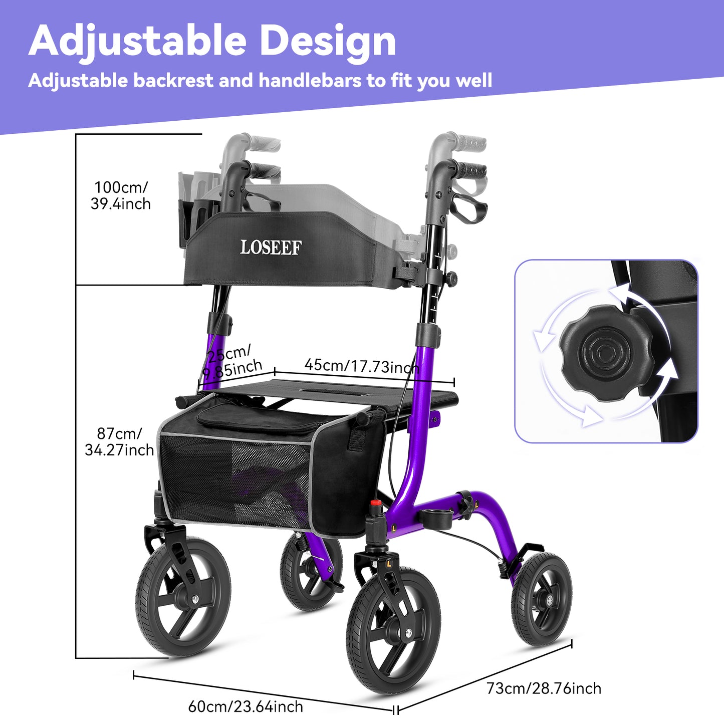 COSYWILL Rollator Walkers with Seat for Seniors, Foldable 10" Big Wheels All Terrain Rolling Walker,Adjustable Handles, Mobility Walker for Seniors,Purple