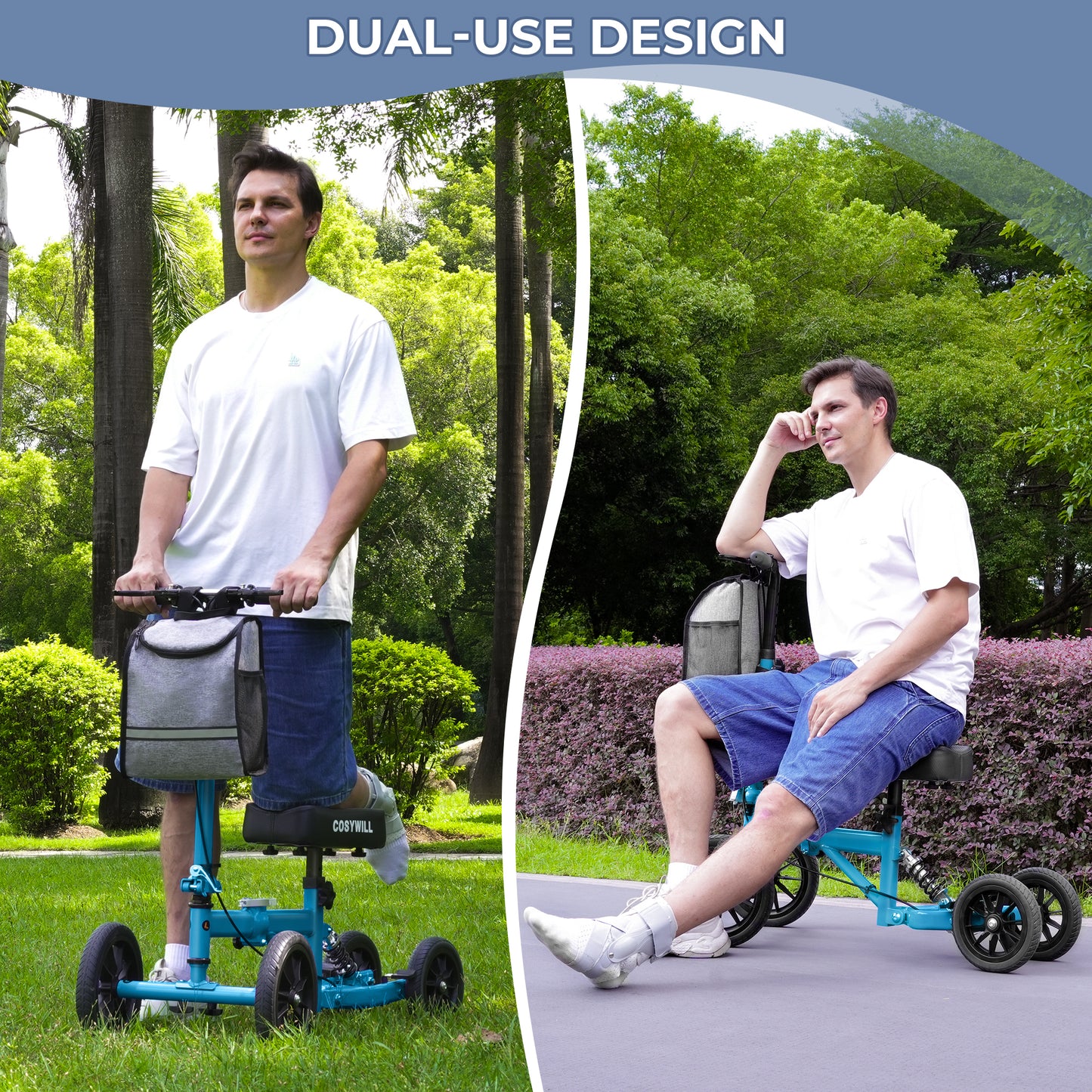 COSYWILL All Terrain Knee Scooter,Knee Walker Scooter for Foot Injuries,Adults Roller Scooter for with 10“ TPU Wheel,Compact Crutches Alternative,Light Blue