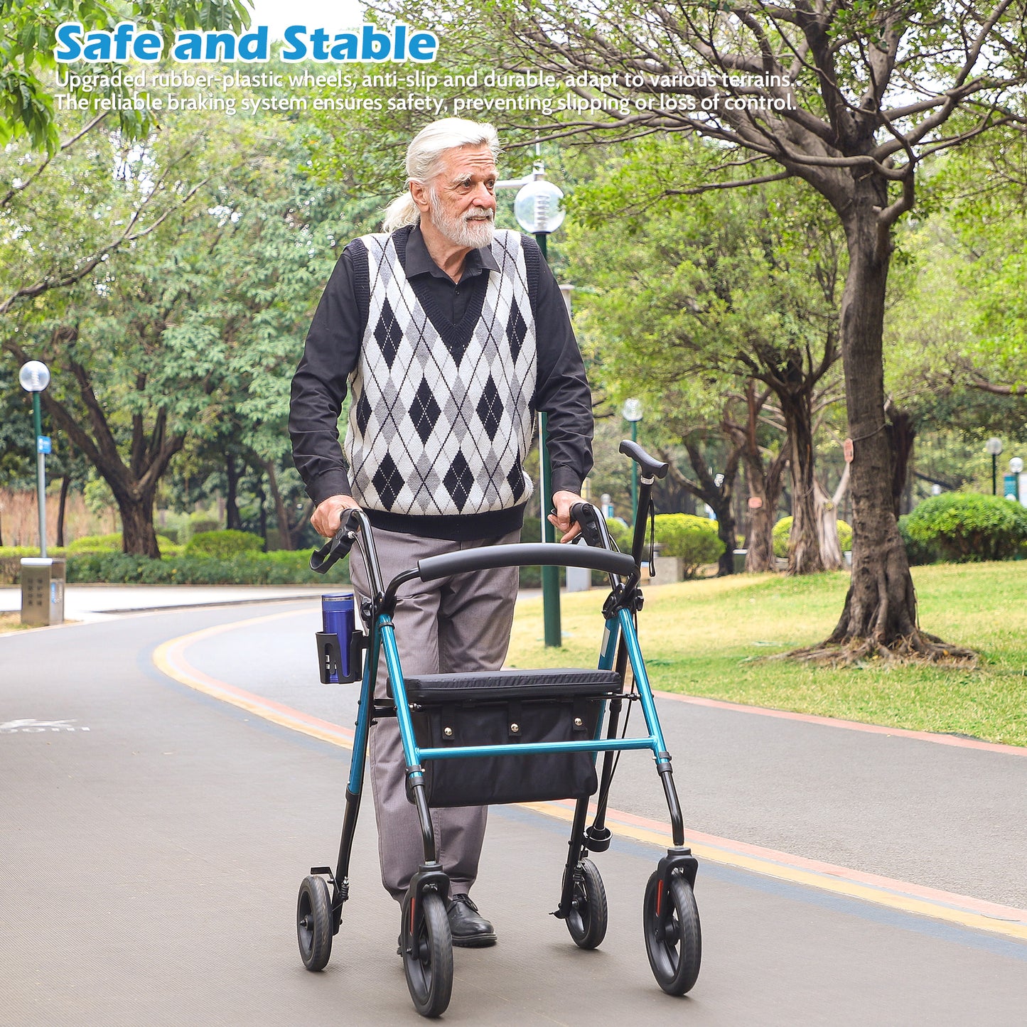 COSYWILL Rollator Walker with Seat,Foldable Walkers for Seniors,Mobility Walkers with 10'' Big Wheels,Adjustable Handles and Seat Height, Red