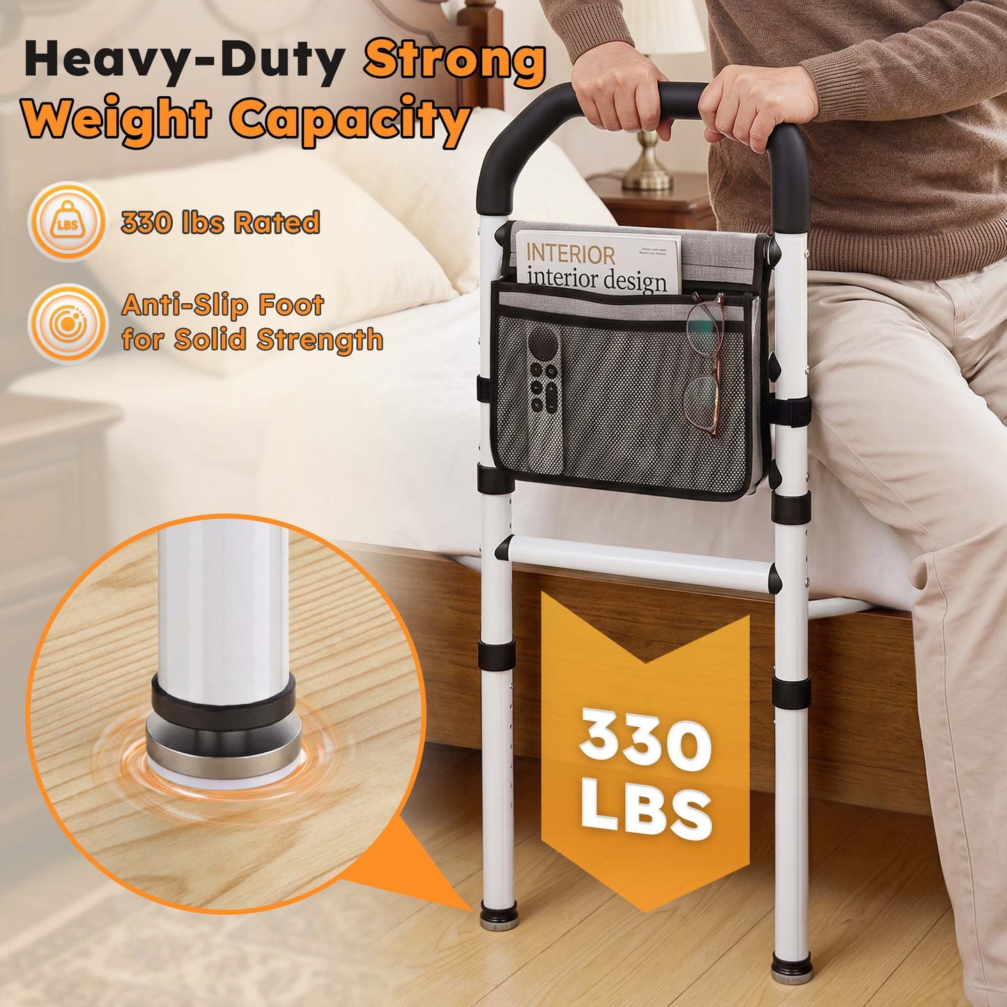 COSYWILL Adjustable Bed Rails for Adults, 330LB Bed Cane, Bed Assist Rails with Non-Slip Handle, Storage Pockets and Tool-Free Assembly