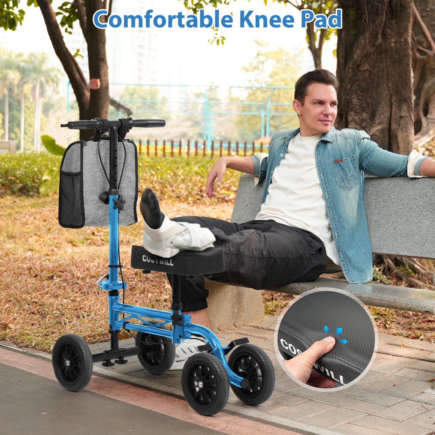 COSYWILL Knee Scooter,Economy Knee Walker with Dual Braking System,Foldable Scooter for Foot Injuries,Compact Crutches Alternative,Light Blue