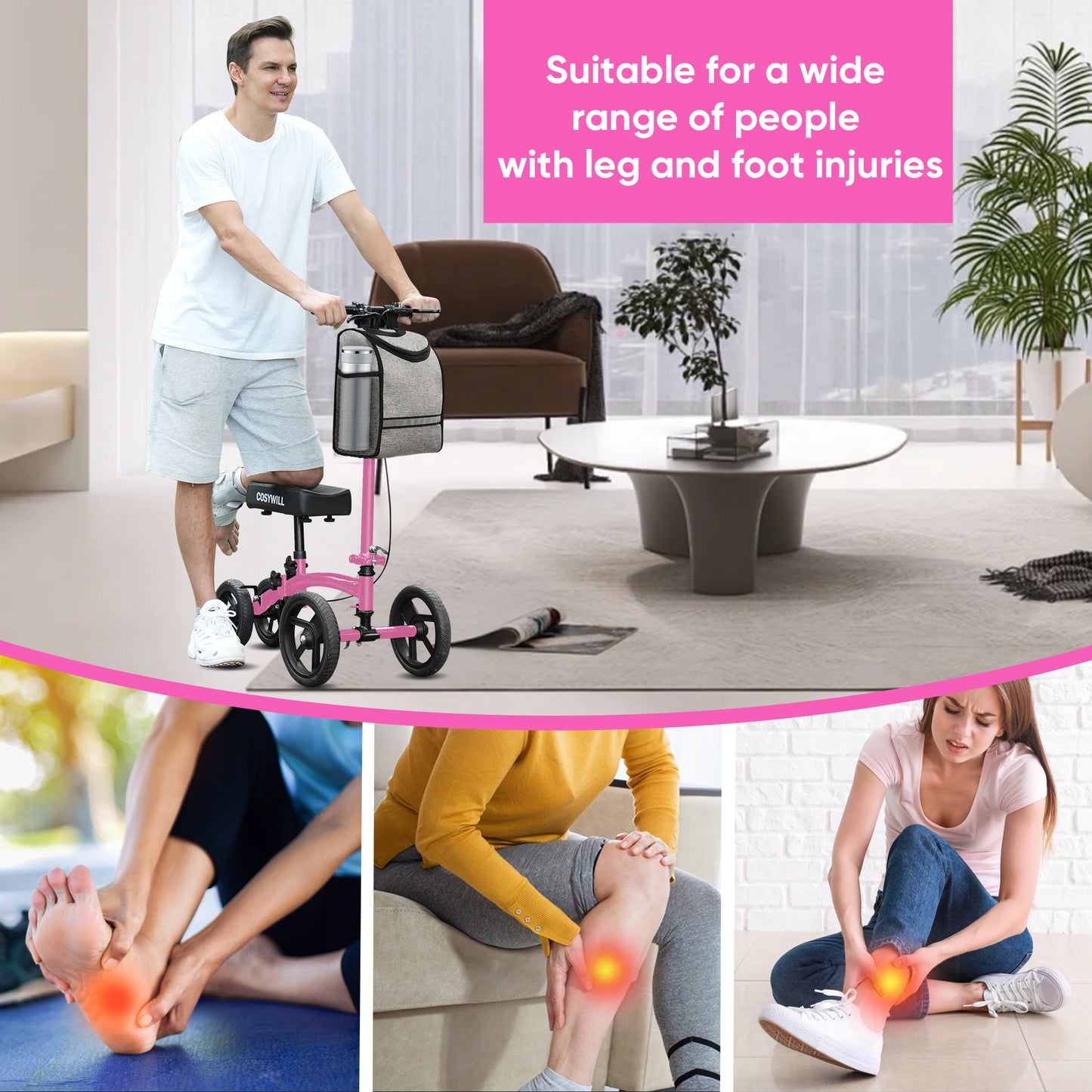 COSYWILL Steerable Knee Scooter,Economy Knee Walker,All Terrain Foldable Medical Scooter for Foot Injuries Crutches Alternative,Pink