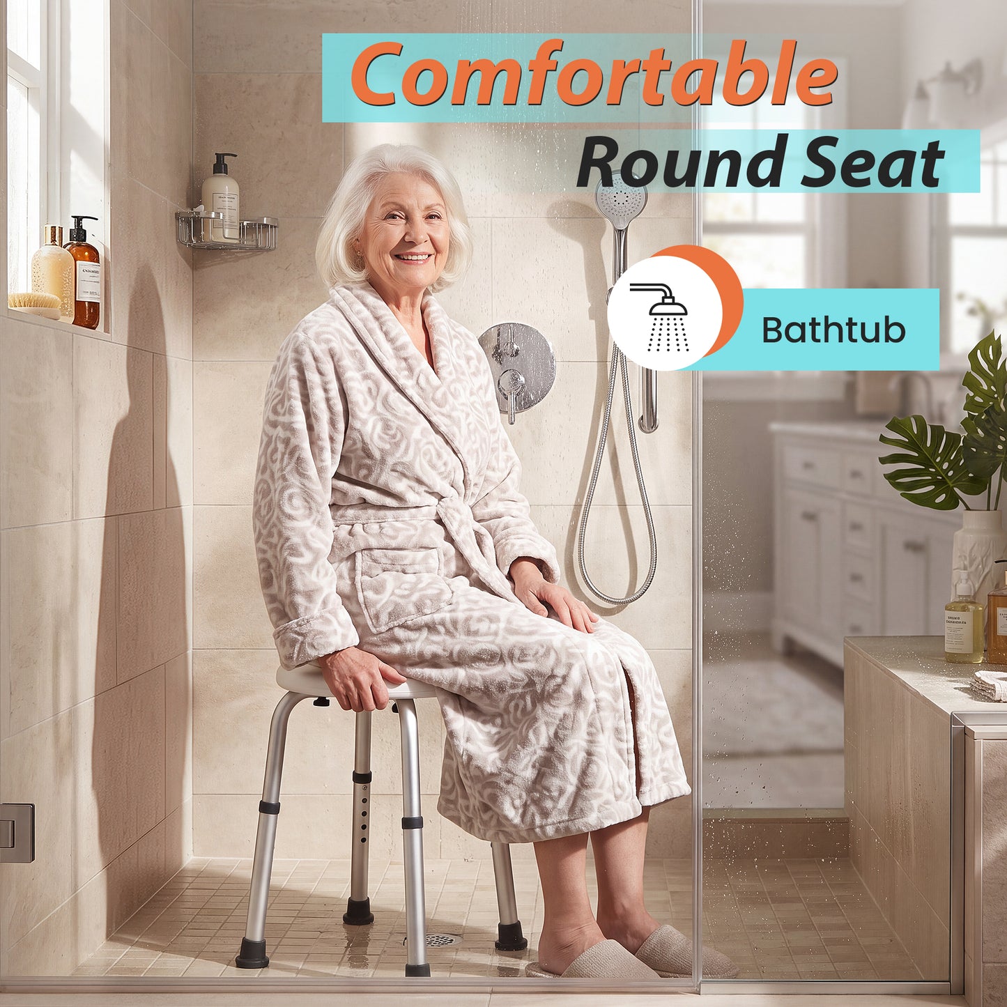 COSYWILL Round Shower Stool,Adjustable Shower Seat with Shower Head Holder, Aluminum Shower Chair for Seniors and Disabled,, 300 lbs