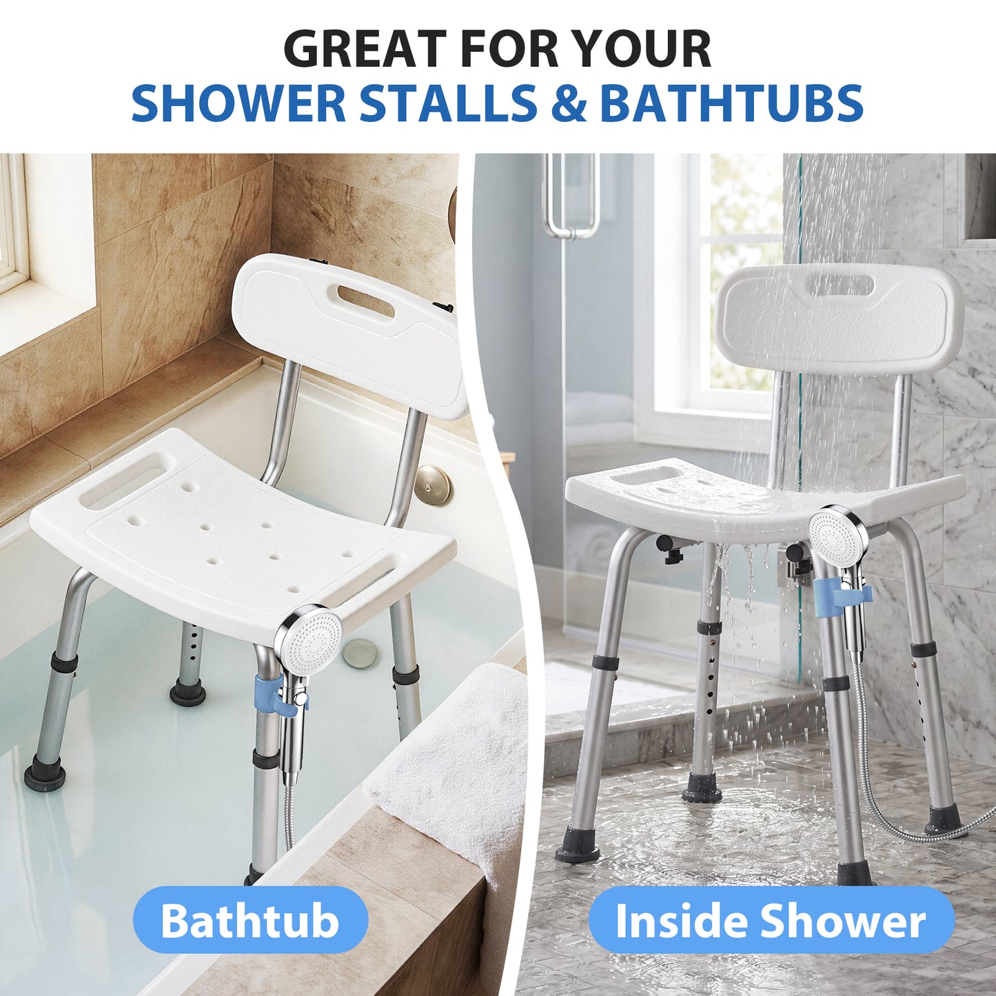 MoveEase Shower Chair with Back, Height Adjustable Bath Seat, Non-Slip Bathroom Stool for Bathtub and Shower, Supportive Mobility Aid