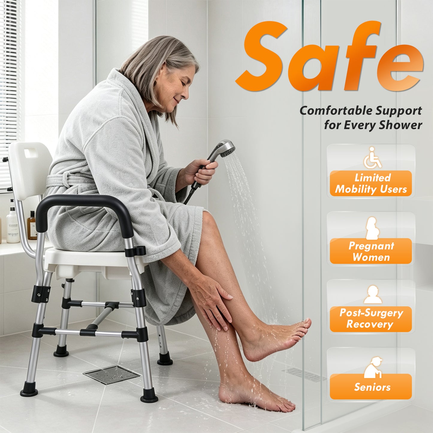 COSYWILL U-Shaped Shower Chair,Aluminum Adjustable Heigh Bath Chair with Back and Arms,Heavy Duty Shower Tool for Elderly Disabled Adults