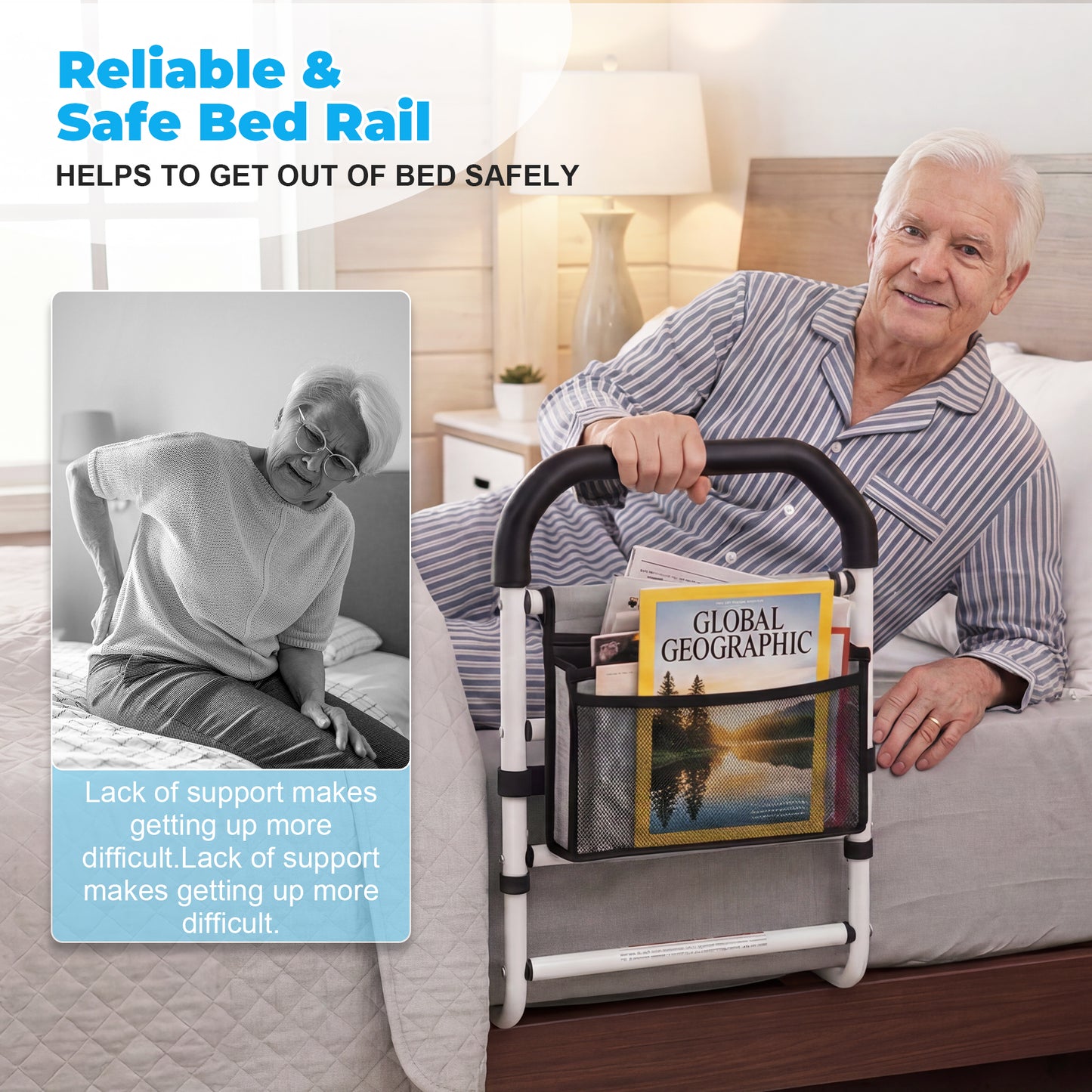 COSYWILL Bed Rails for Adults, Adjustable Bed Cane for Seniors, Bed Assist Rail with Non-Slip Handle & Storage Pocket Supports up to 330 lbs