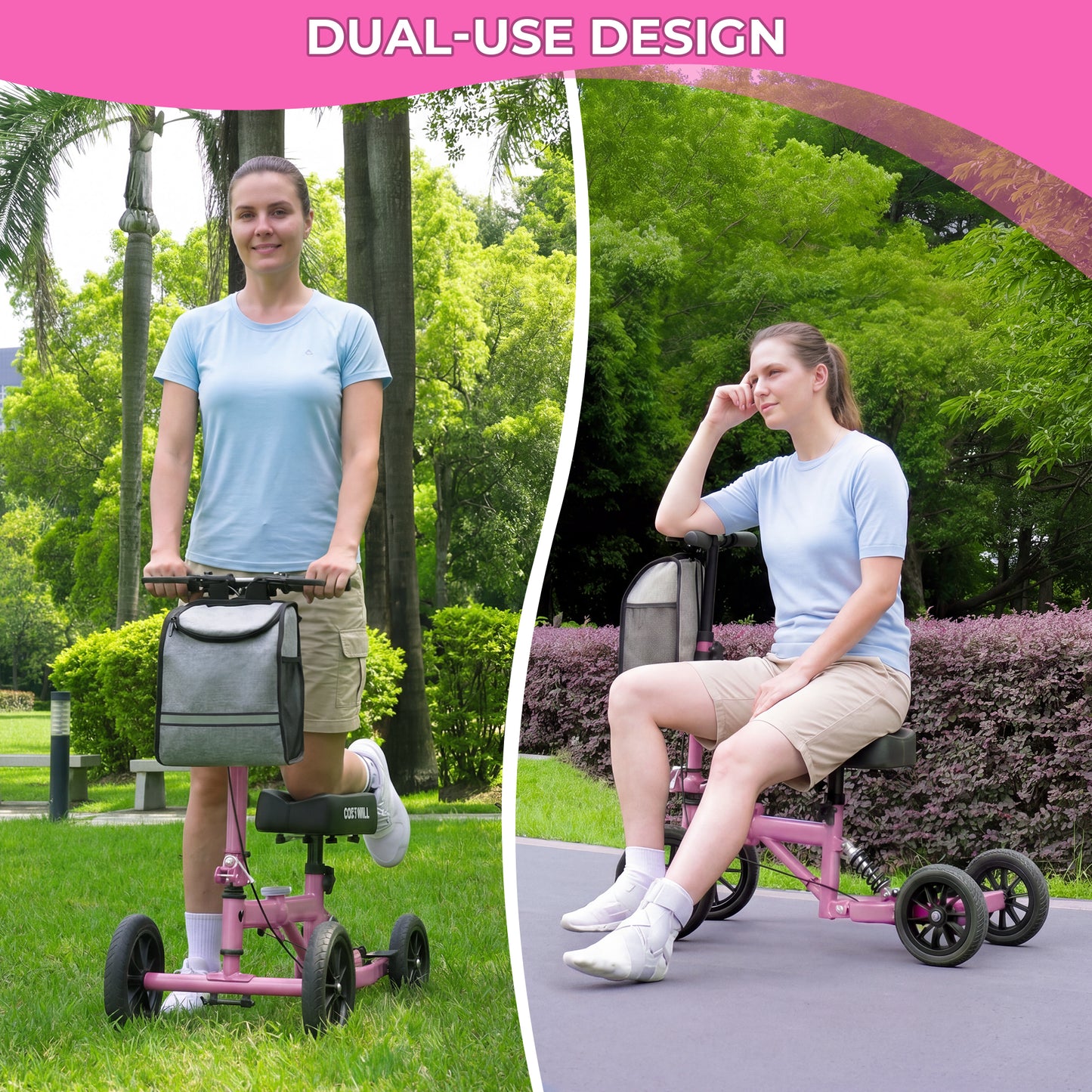 COSYWILL All Terrain Knee Scooter,Knee Walker Scooter for Foot Injuries,Adults Roller Scooter for with 10“ TPU Wheel,Compact Crutches Alternative,Pink