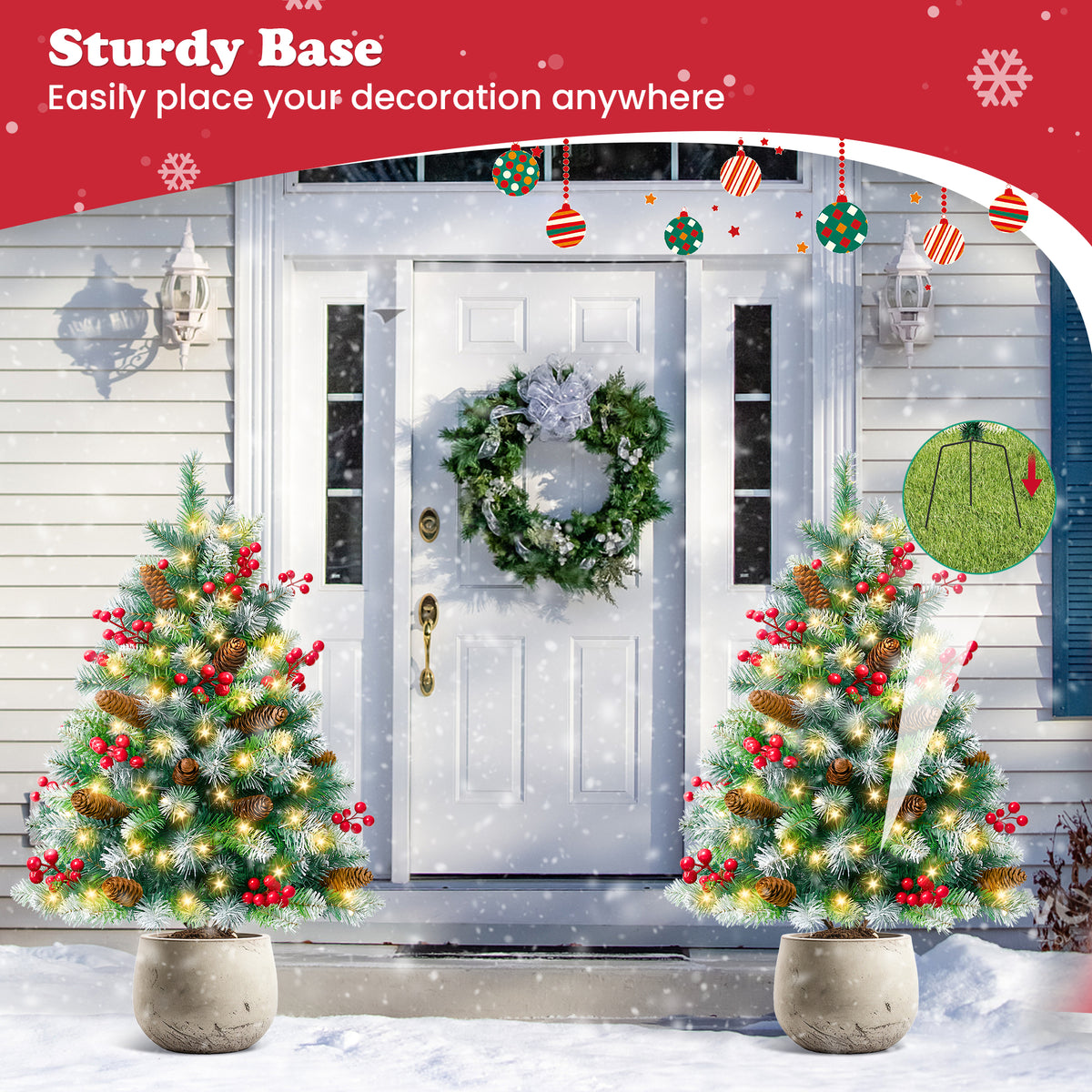 Yexmas 2PCS Small Outdoor Christmas Trees with LED Lights,30" Artificial Xmas Decora for Porch,Yard,Pathway,Garden,Mixed Green PVC