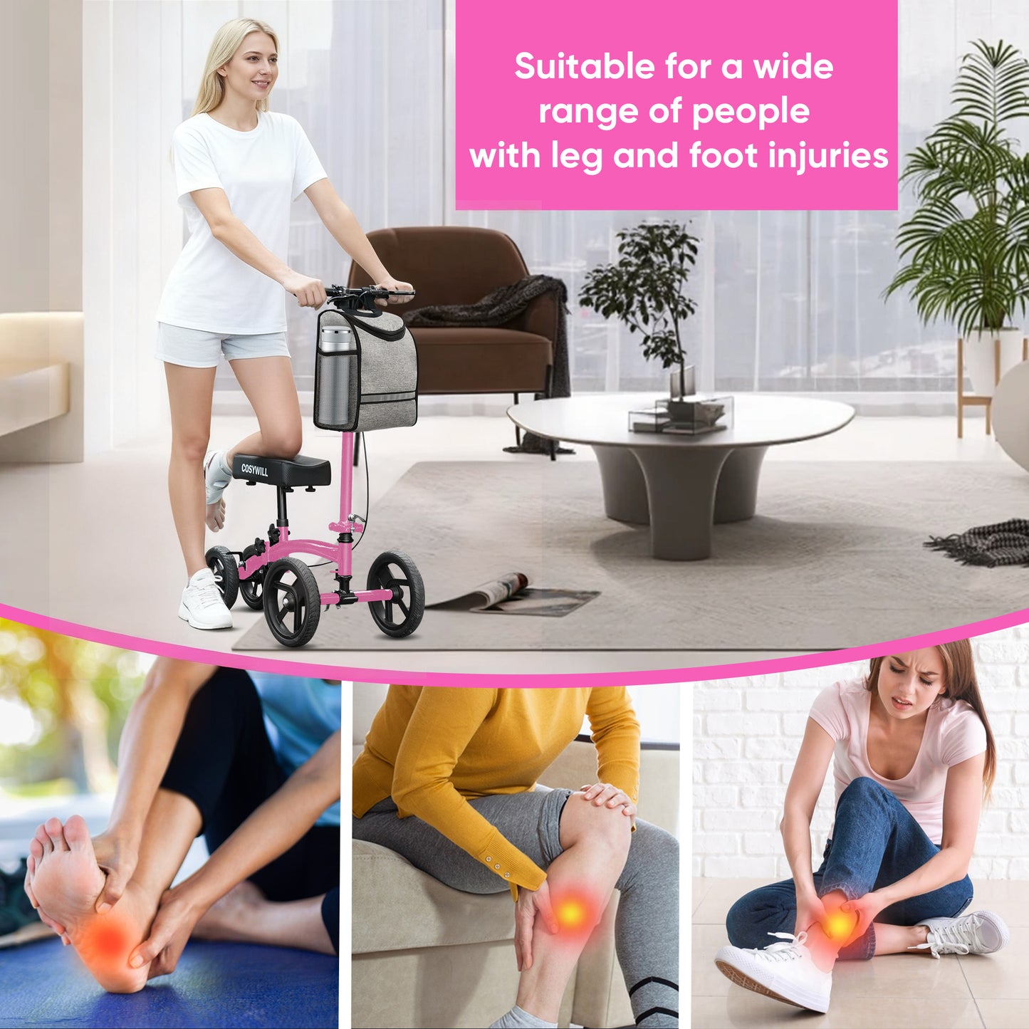 COSYWILL Steerable Knee Scooter,Economy Knee Walker,All Terrain Foldable Medical Scooter for Foot Injuries Crutches Alternative,Pink