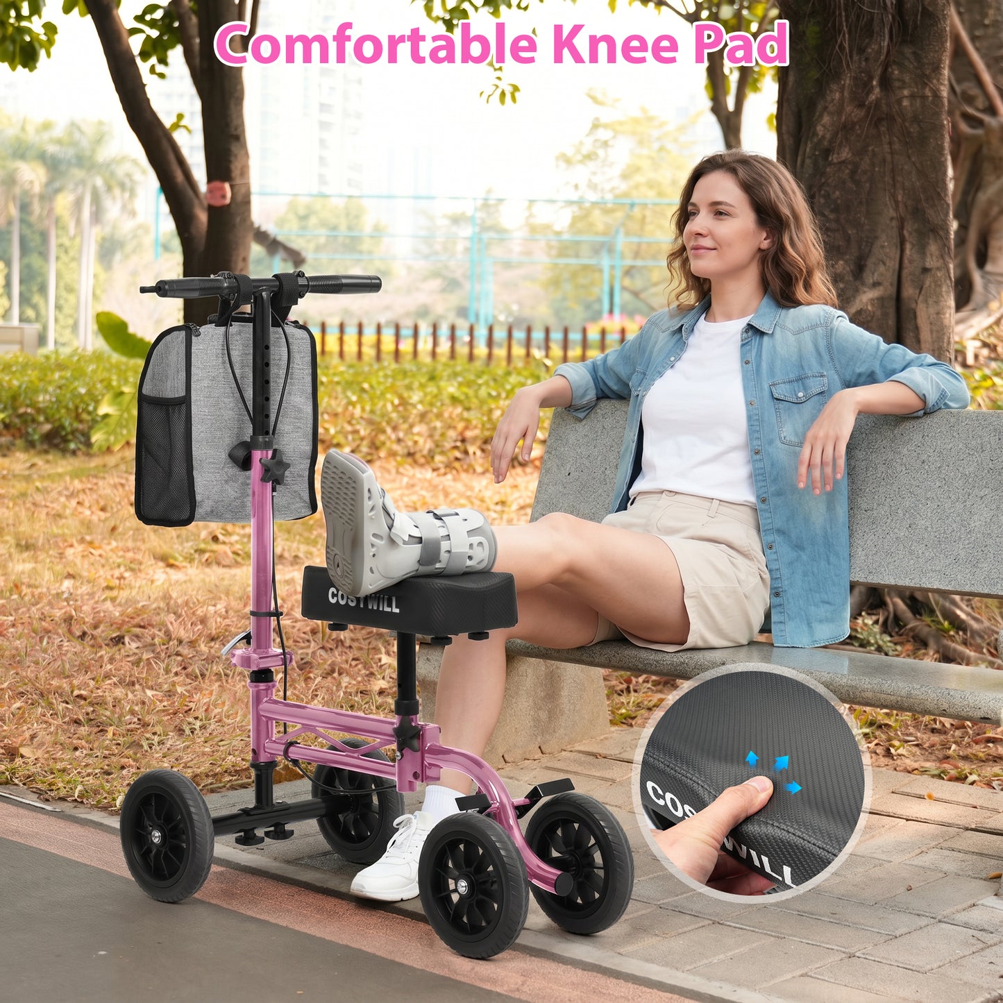 COSYWILL Knee Scooter,Economy Knee Walker with Dual Braking System,Foldable Scooter for Foot Injuries,Compact Crutches Alternative,Pink