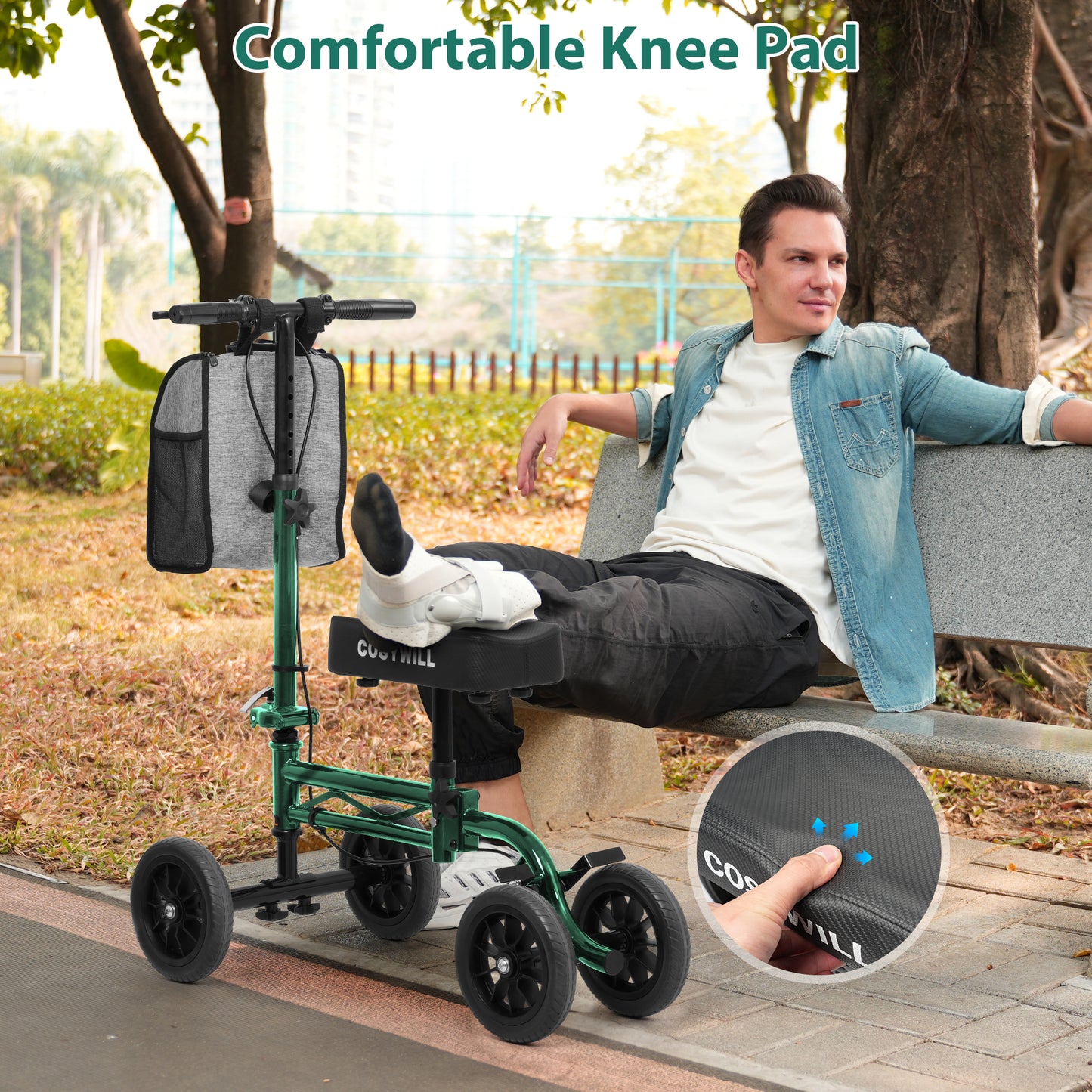 COSYWILL Knee Scooter,Economy Knee Walker with Dual Braking System,Foldable Scooter for Foot Injuries,Compact Crutches Alternative,Green