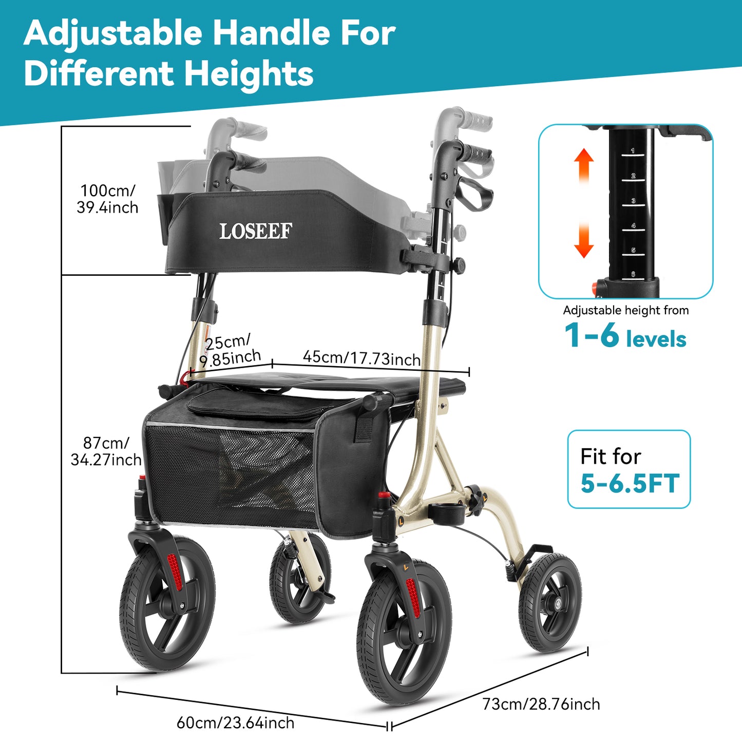 COSYWILL Walker with Seat,Foldable Rollator Walker,10" Wheels,Height Adjustable,Removable Back Support, 300 lbs,Champagne