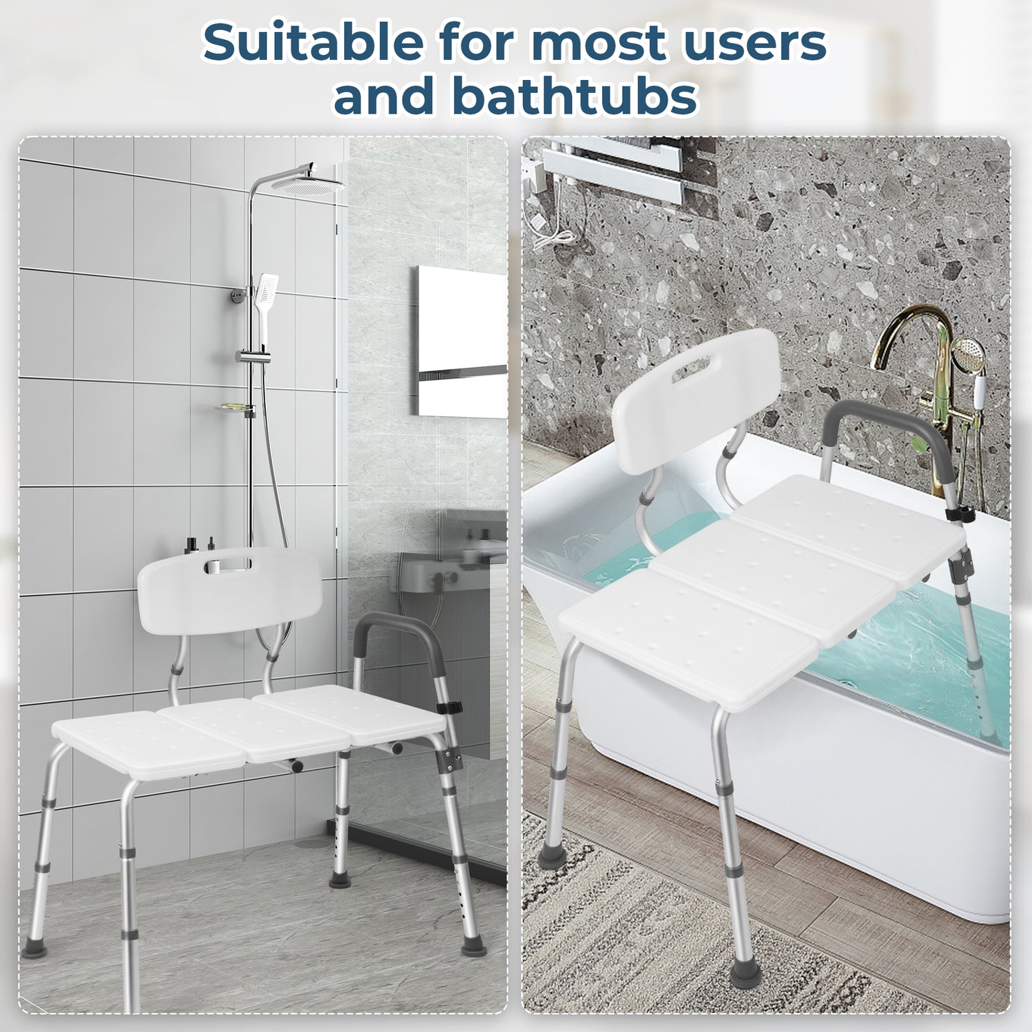 COSYWILL Transfer Bench for Bathtubs and Showers, Adjustable Shower Chair with Backrest ,Slip-Resistant, 400 lb. Weight Capacity,White
