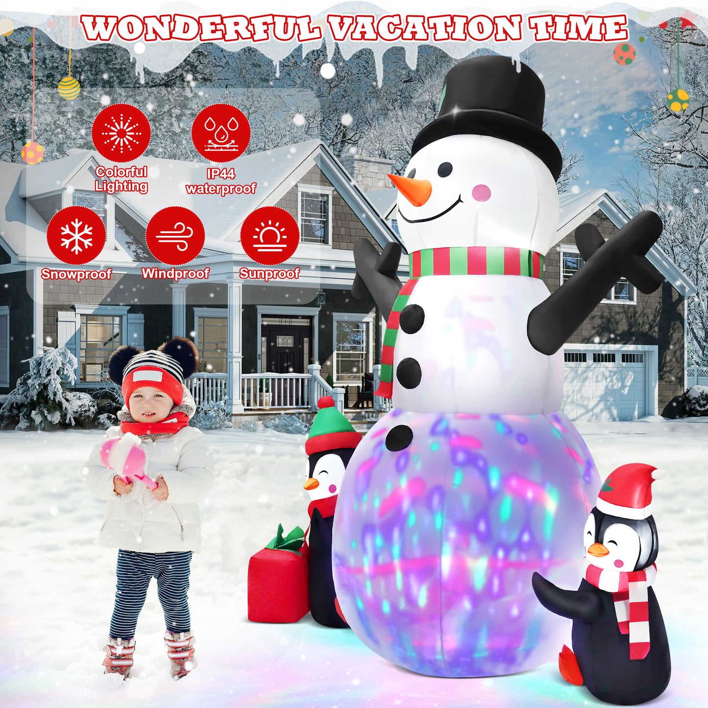 IZNEN 6FT Christmas Snowman Inflatables,Outdoor Snowman Decor with Penguins & Gift Boxes,Xmas Blow Up Yard Inflatables for Party Indoor Garden Lawn Decor
