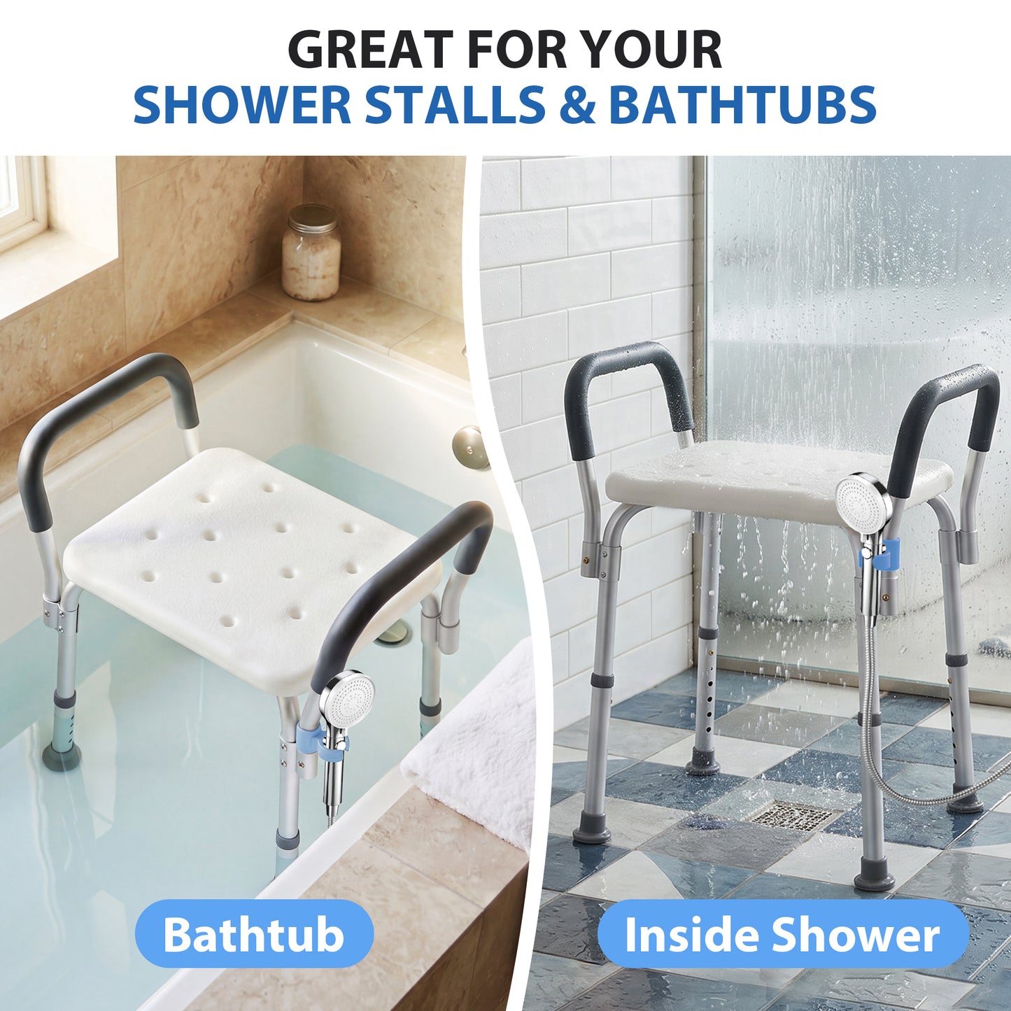 COSYWILL Shower Chair with Arms, Adjustable Height Bath Seat for inside shower or tub, Shower stools for Elderly, 330 lbs Capacity, Silver