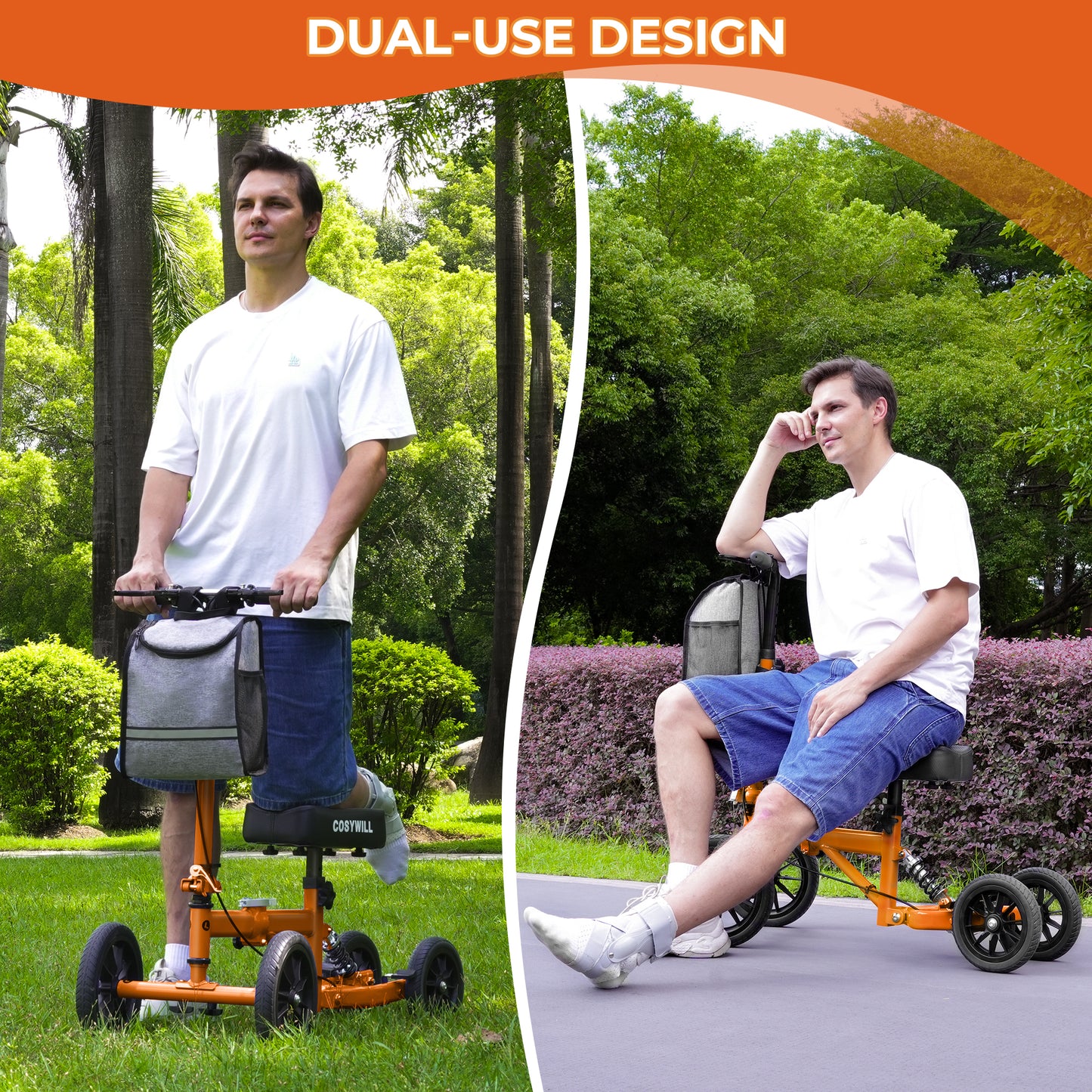 COSYWILL All Terrain Knee Scooter,Knee Walker Scooter for Foot Injuries,Adults Roller Scooter for with 10“ TPU Wheel,Compact Crutches Alternative,Orange