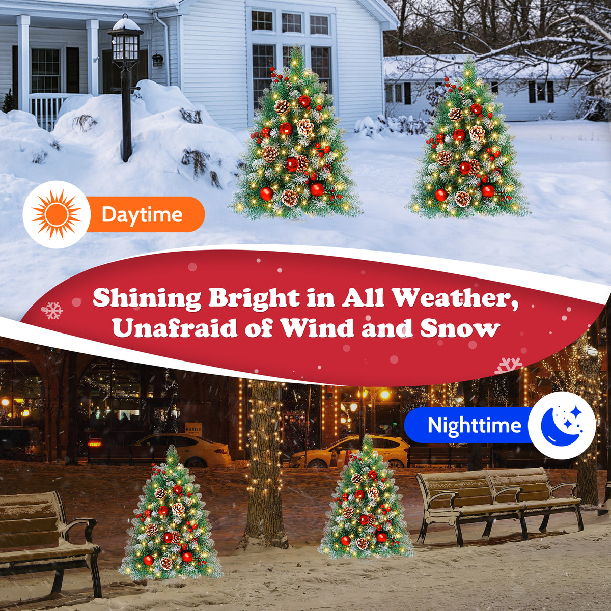 Yexmas 2PCS Small Outdoor Christmas Trees with LED Lights,30" Artificial Xmas Decora for Porch,Yard,Pathway,Garden,PVC