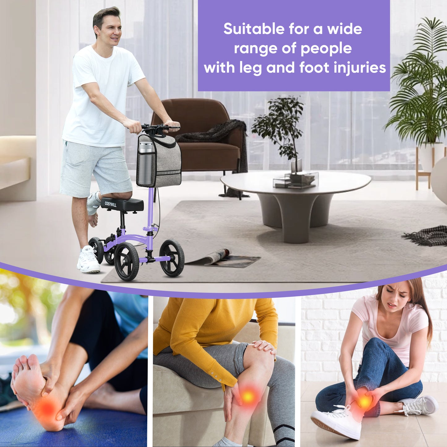 COSYWILL Steerable Knee Scooter,Economy Knee Walker,All Terrain Foldable Medical Scooter for Foot Injuries Crutches Alternative,Purple