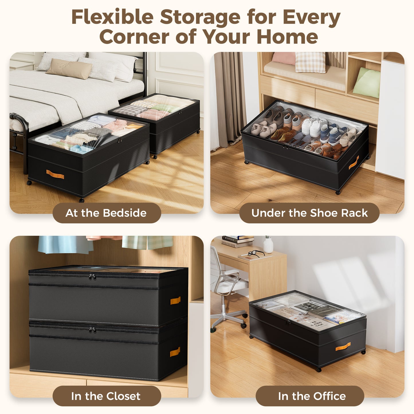 YOUPINS XXXL 100L Under Bed Storage with Wheels,2 Pack Under Bed Storage Containers,Storage Bins with Lids for Clothes Shoes Blankets,Black